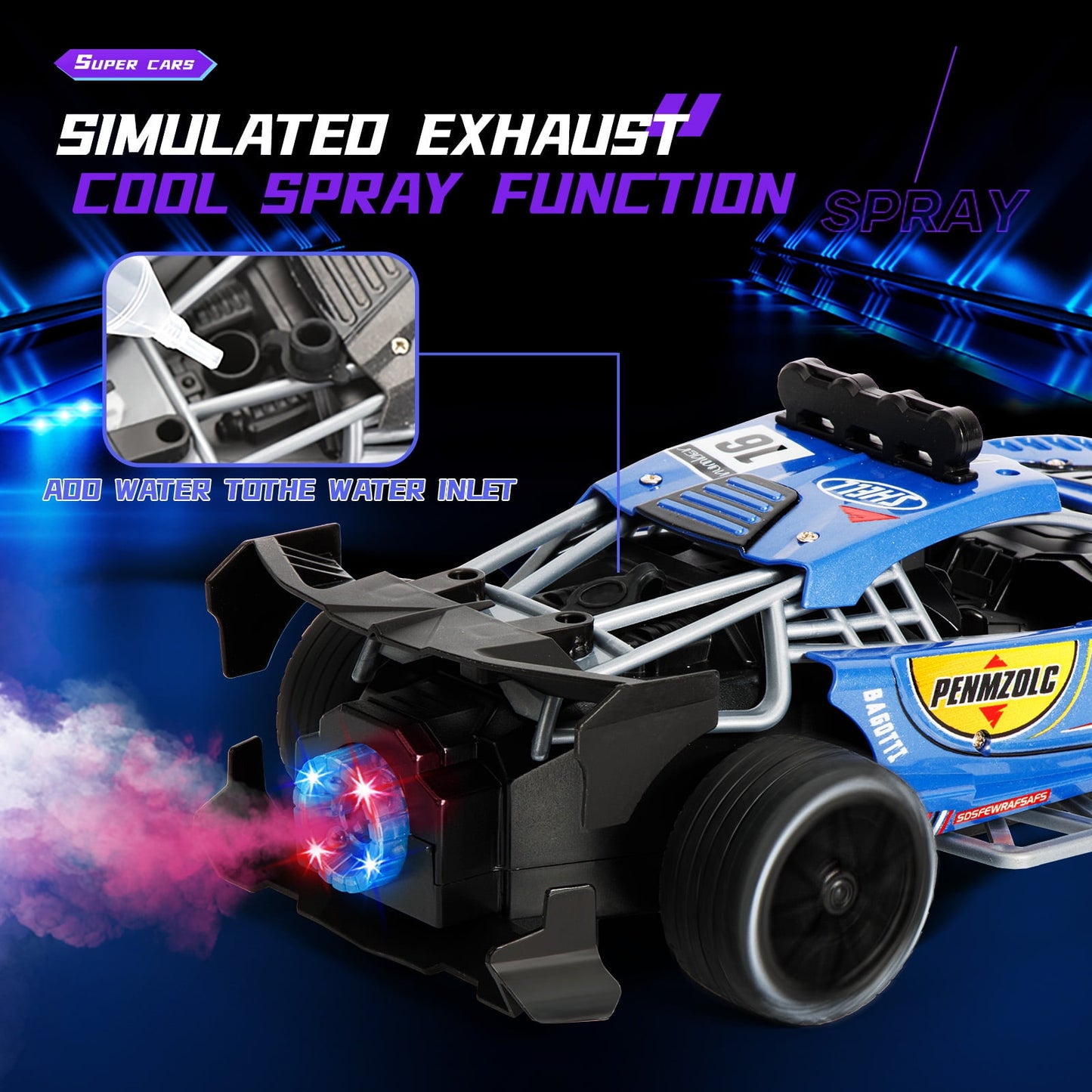 Kivdit 1:16 RC Cars for Kids,2.4GHz Remote Control Car with Lights and Spray Function for Boys Girls