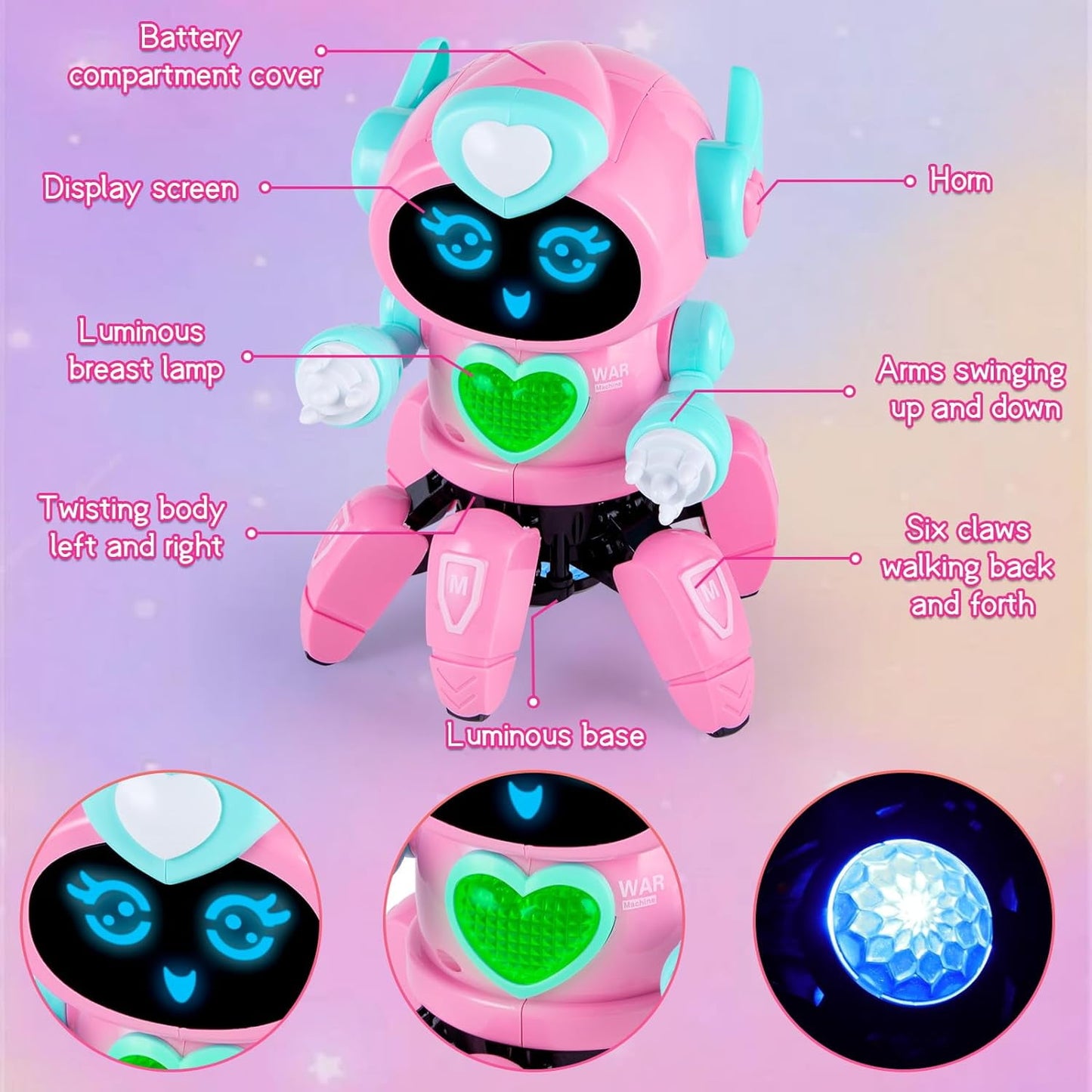 Kivdit Electronic Robot Toy for Kids,Walking Dancing Robot Toys with Flashing Lights and Music,Pink