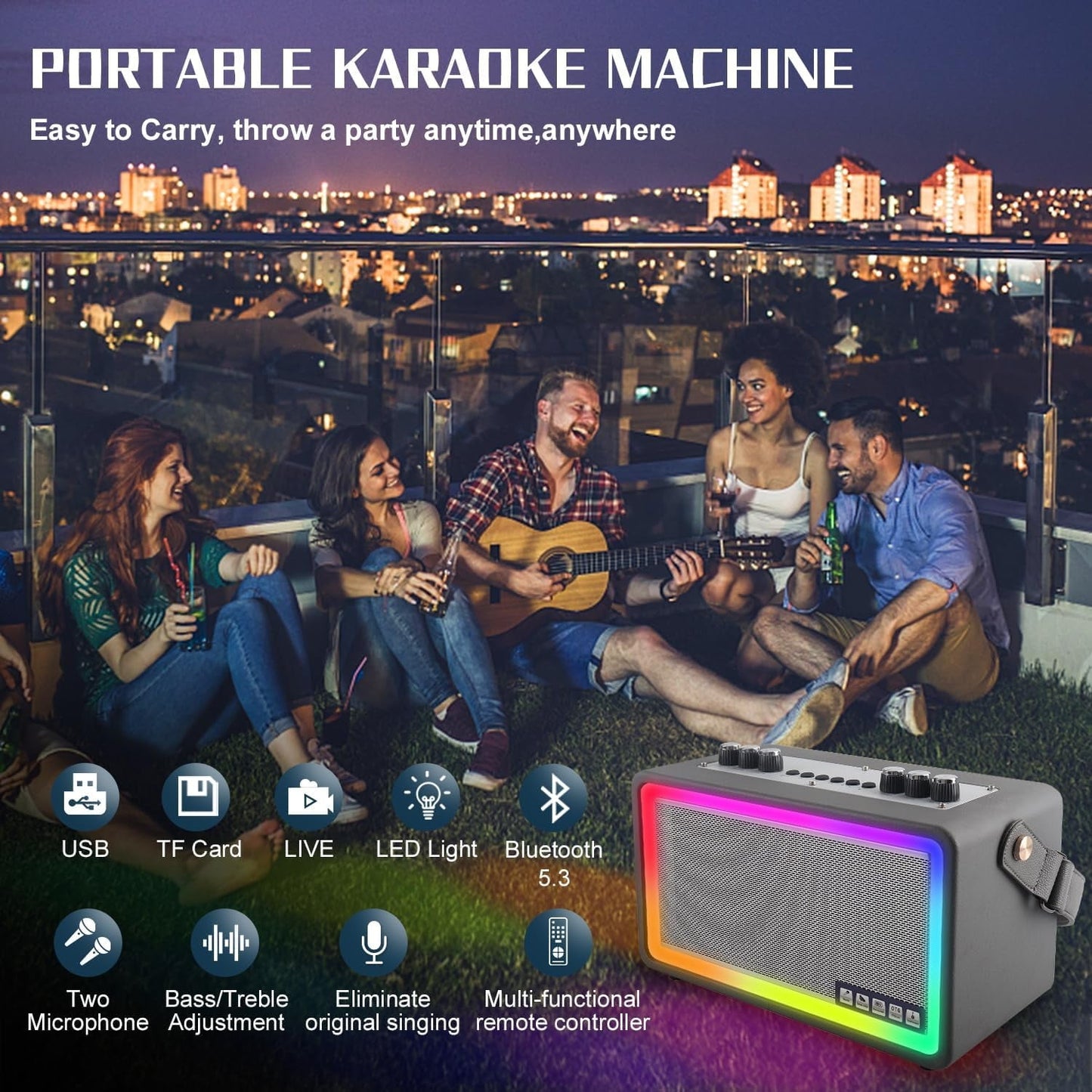 Kivdit Karaoke Machine for Adults and Kids,Portable Bluetooth 5.3 Speaker with 2 Wireless Microphones,Rechargeable PA System with Colorful LED Lights