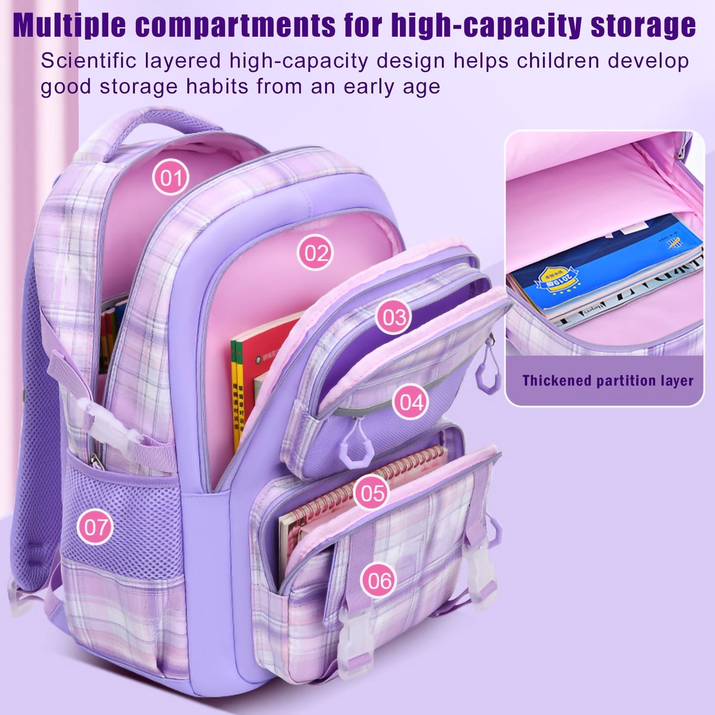 Kivdit School Backpacks for Girls,Waterproof School Bags for Kids Students Gifts,Purple