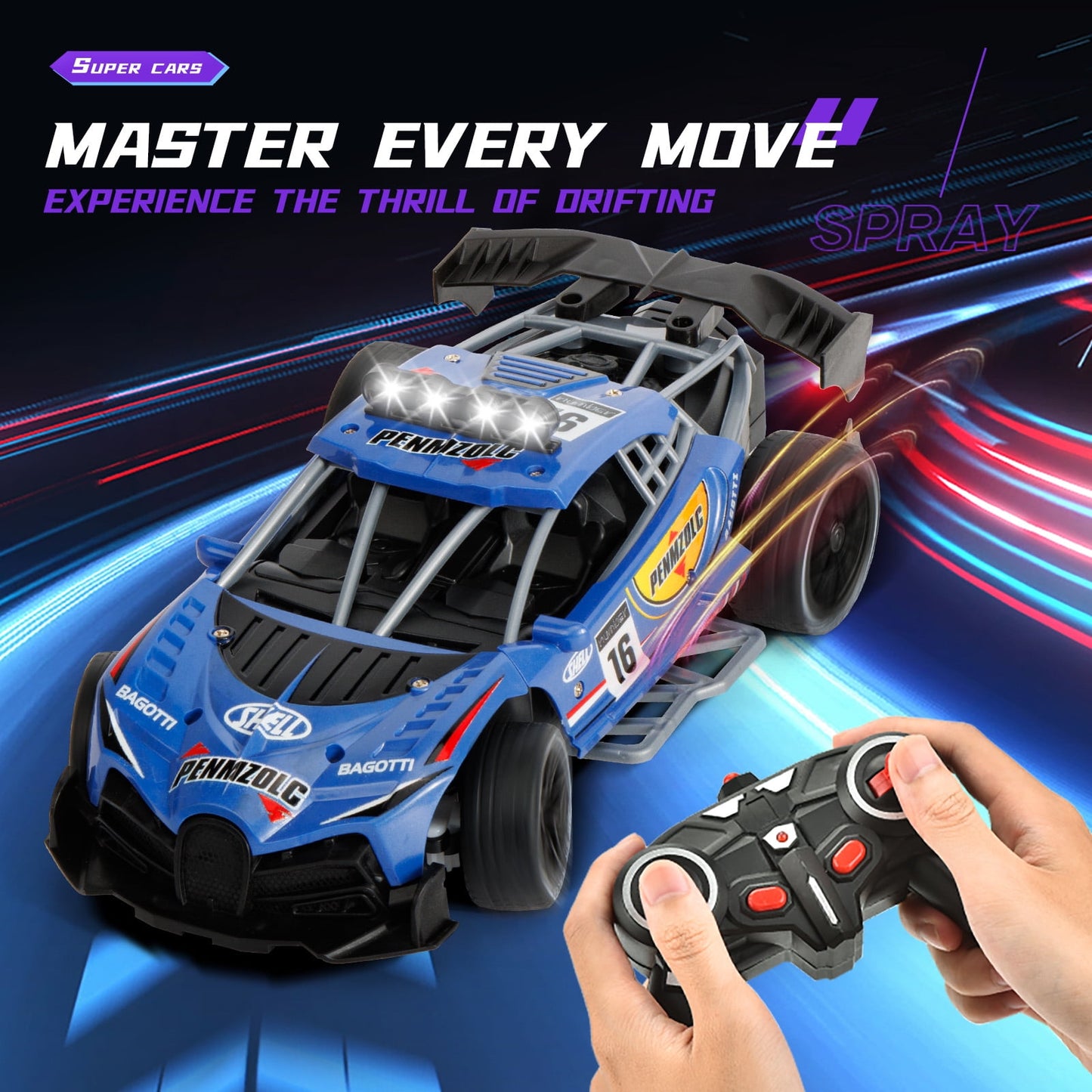 Kivdit 1:16 RC Cars for Kids,2.4GHz Remote Control Car with Lights and Spray Function for Boys Girls