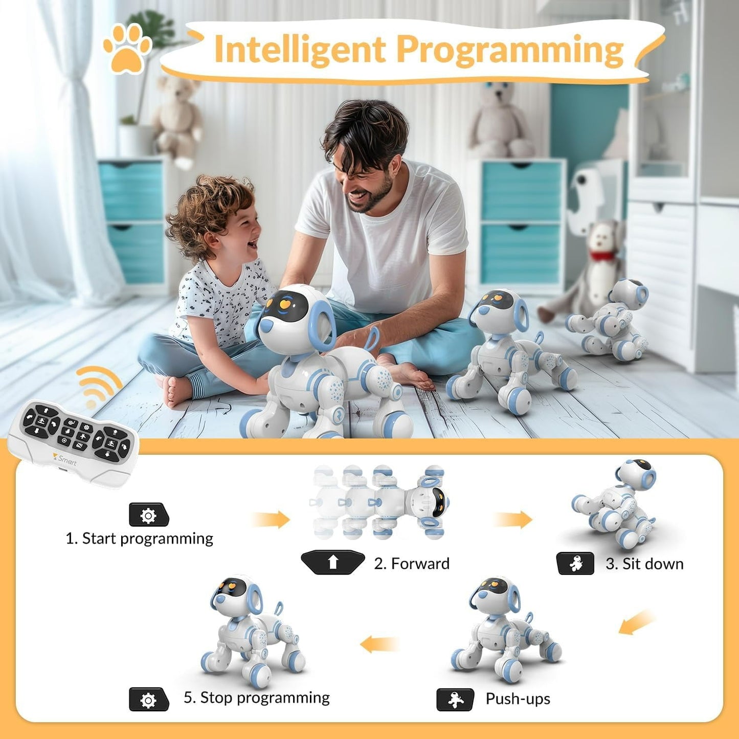 Kivdit Remote Control Robot Dog,Interactive Robot Toys for Kids,Programmable RC Robot with Touch Sensing, LED Eyes, Dance & Music