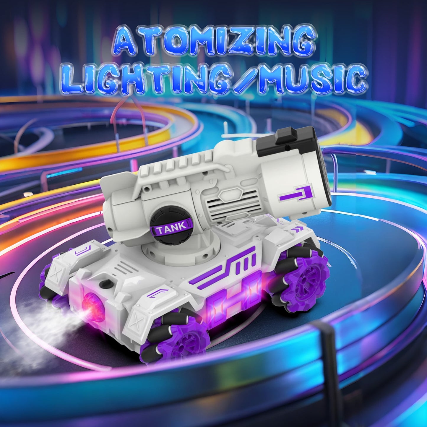 Kivdit Remote Control Car with Rotatable Turret,2.4Ghz RC Tank Car with Spray,Light,Music,Bubble,Toy Gift for Boys Girls