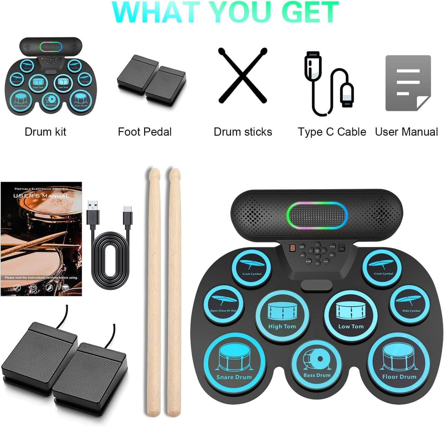 KIVDIT Electric Drum Set for Kids Adults,9 Pads Electronic Drum Kit with Headphone Jack & Speaker