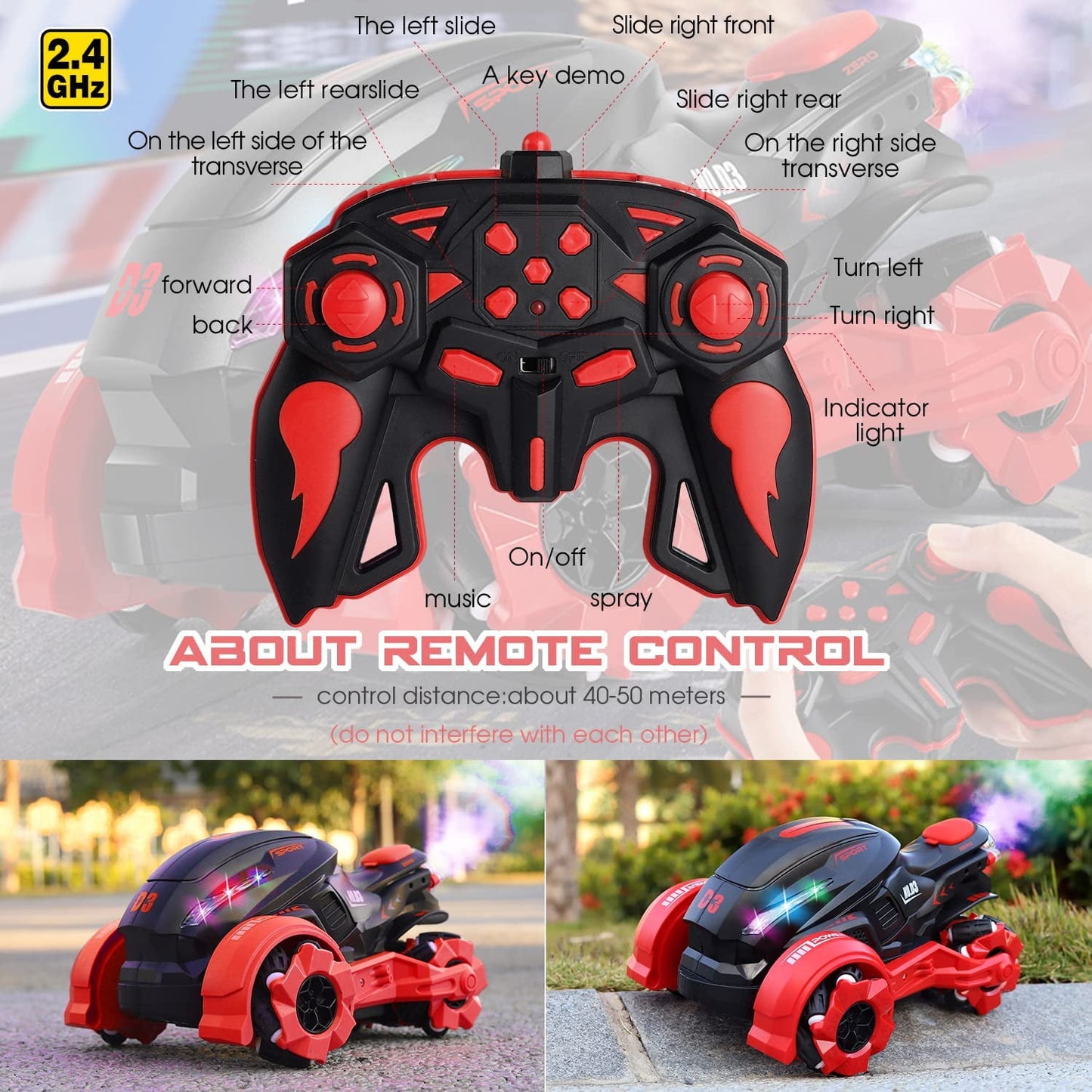 KIVDIT Remote Control Car RC Car Toy 360° Spin Flip RC Stunt Car with Light and Cool Spray, Ideal Gift for Kids(Red)