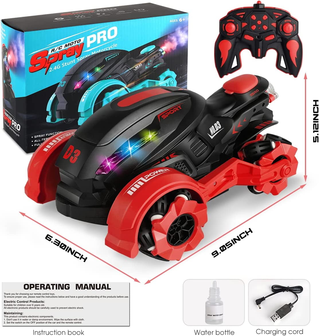 KIVDIT Remote Control Car RC Car Toy 360° Spin Flip RC Stunt Car with Light and Cool Spray, Ideal Gift for Kids(Red)