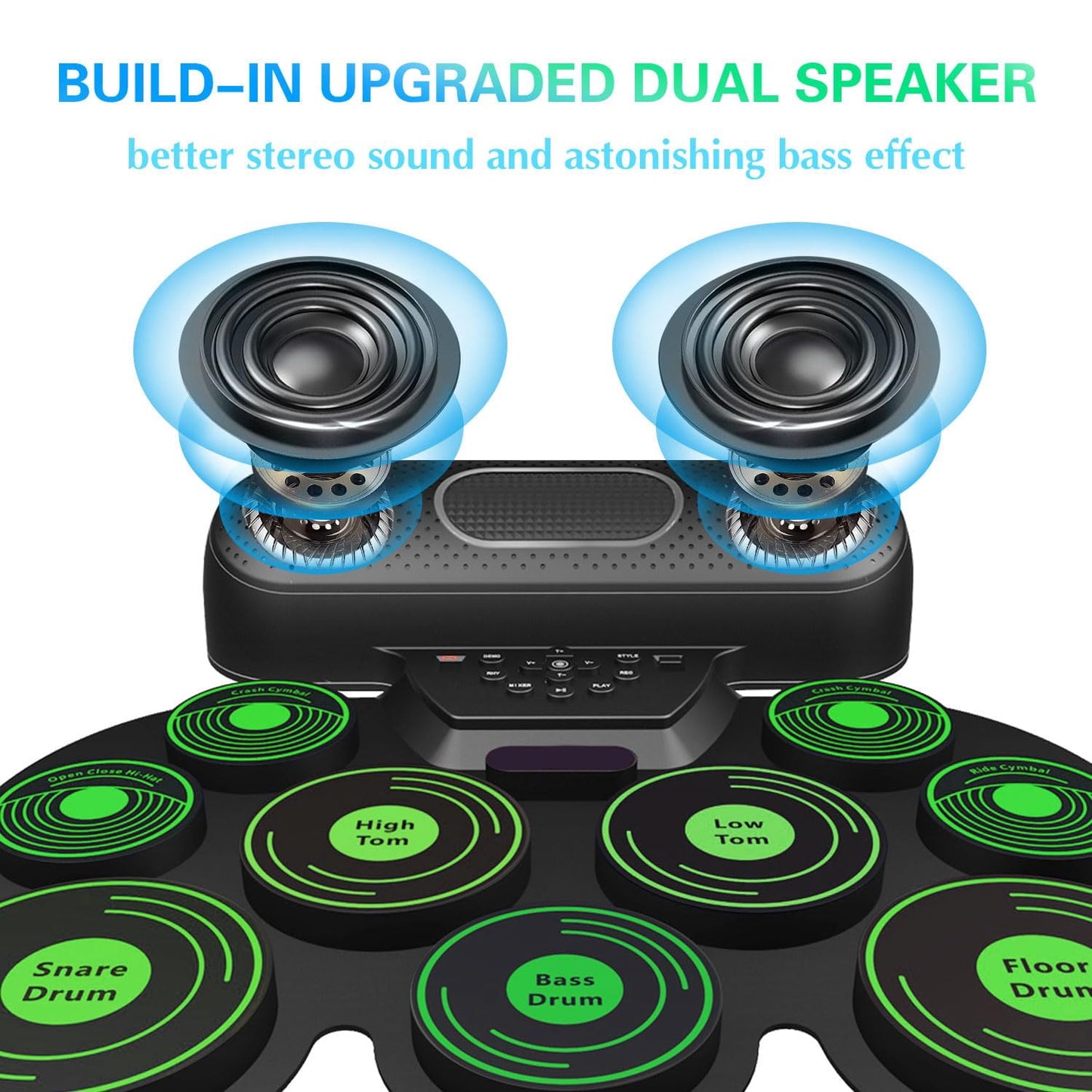 Kivdit Electric Drum Set for Kids Adults,Roll-up 9 Pads Electronic Drum Kit,Dual Built-in Stereo Speakers with Bluetooth & LED Light