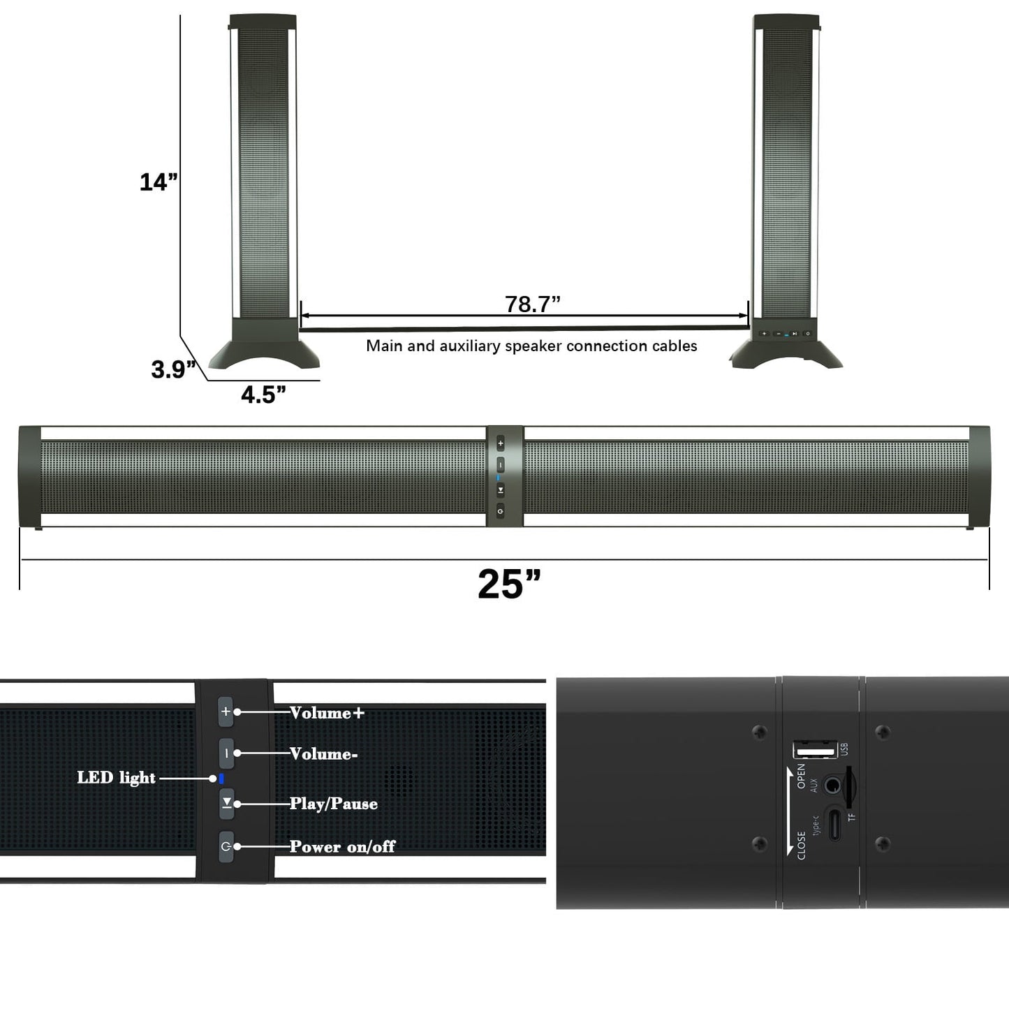 Kivdit Sound Bars for Smart TV,3D Surround Bluetooth Detachable Soundbar Built-in 4 Speakers for Home Theater,Black