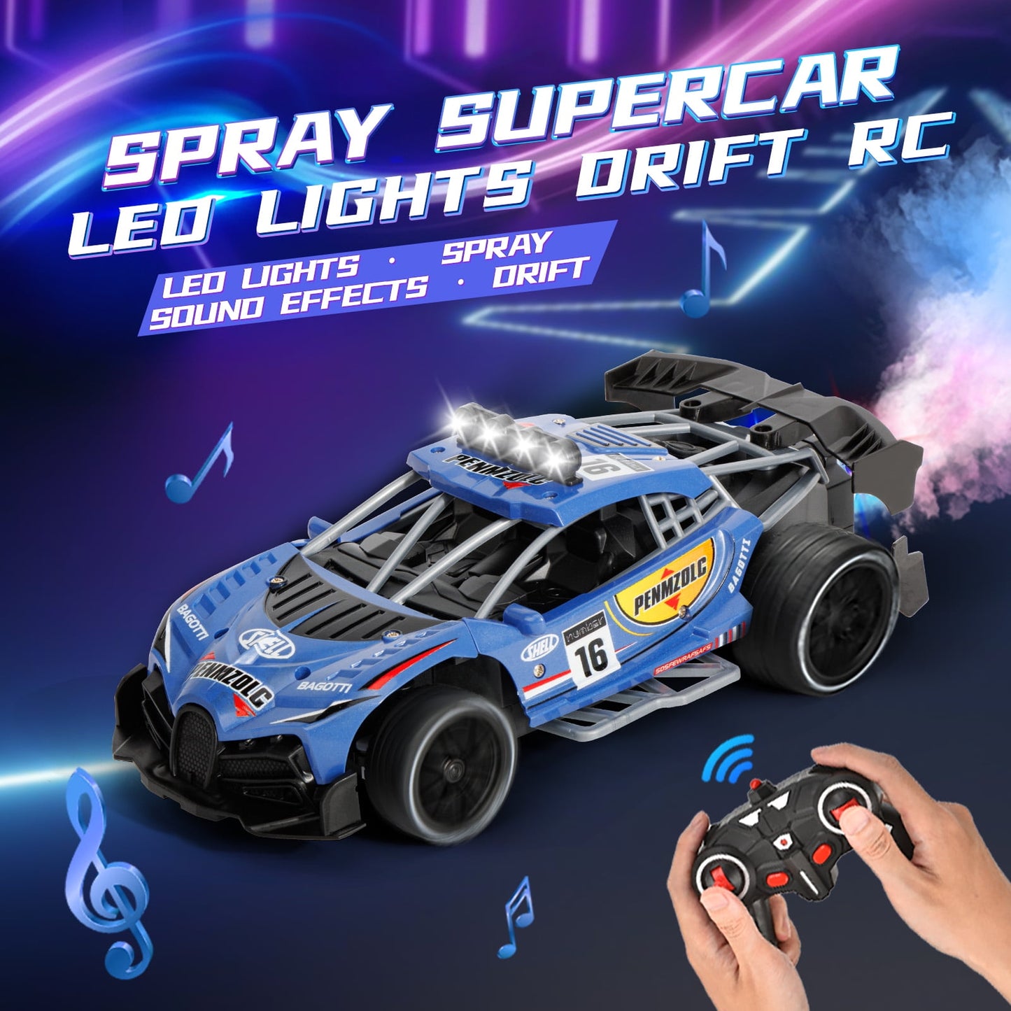 Kivdit 1:16 RC Cars for Kids,2.4GHz Remote Control Car with Lights and Spray Function for Boys Girls
