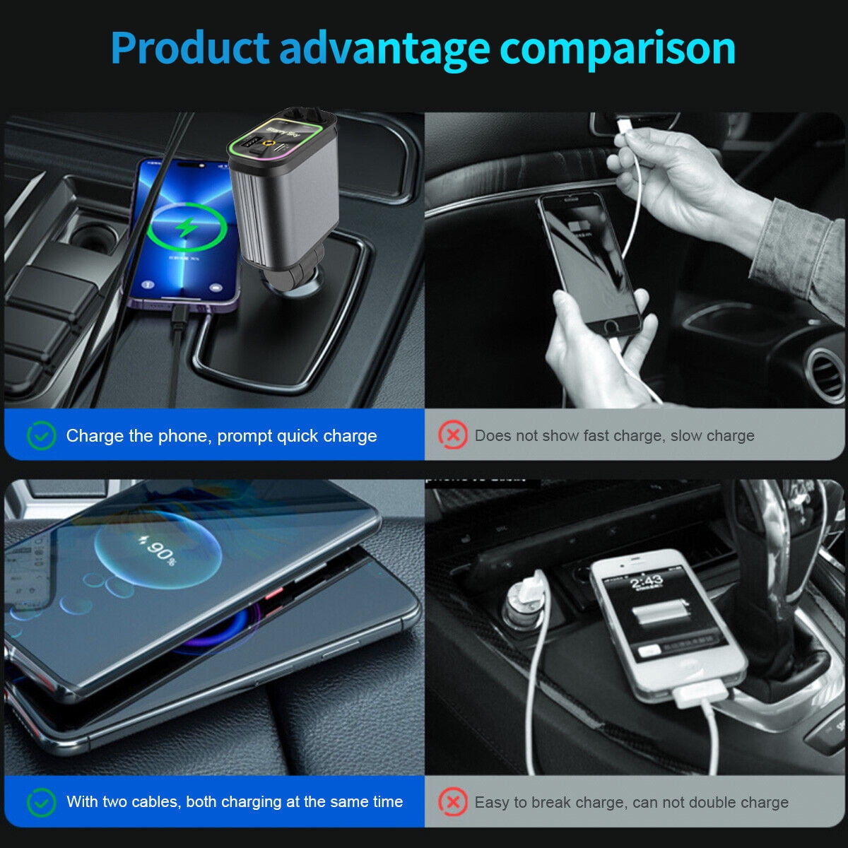 Kivdit Retractable Car Charger,66W Fast Charging Car Charger Adapter,180° Adjustable 4 in 1 Car Phone Charger with Type-C/Lightning Cable