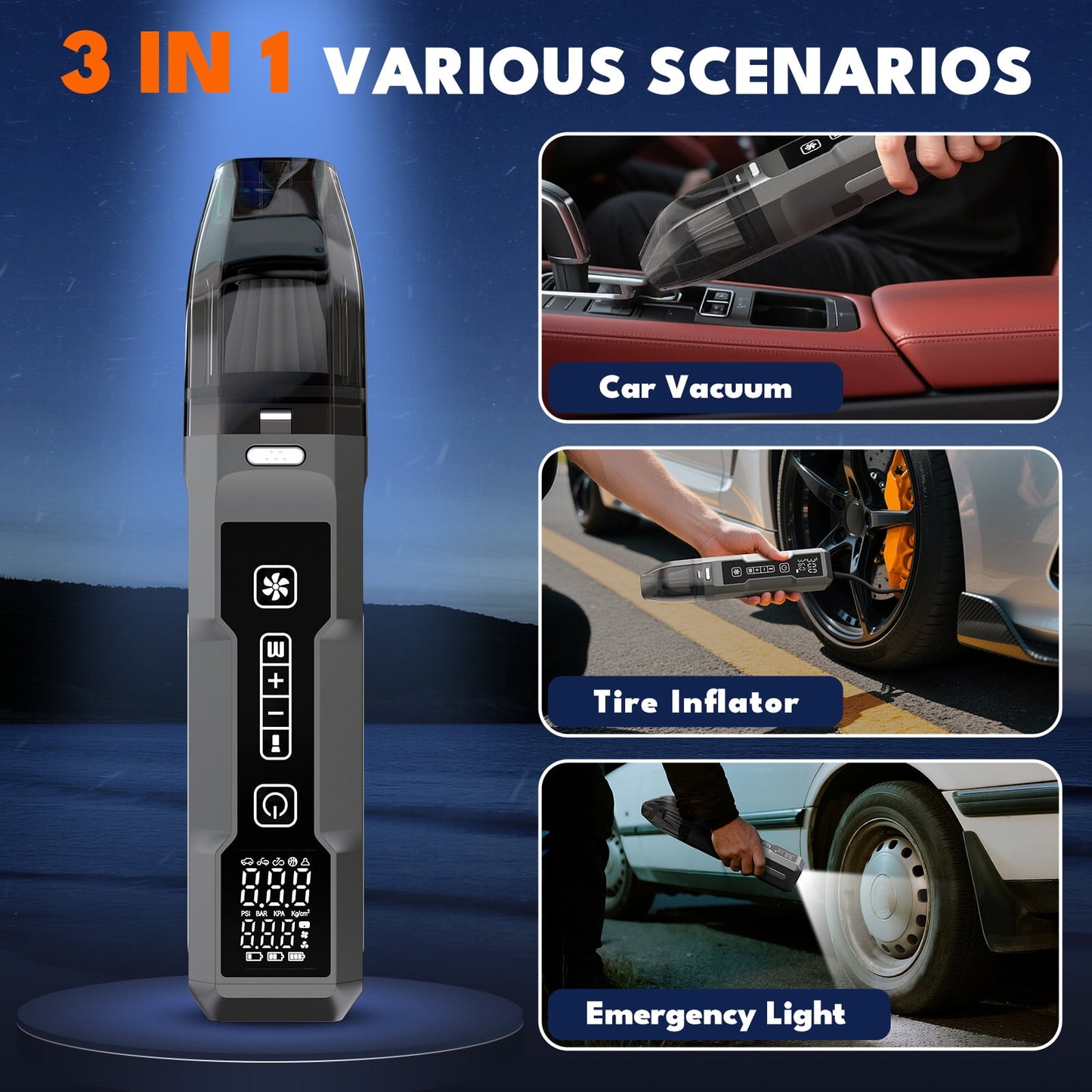 Car Vacuum, 12000Pa 2-in-1 Cleaner & Tire Inflator 150PSI, 80W Brushless Motor, Cordless Handheld Vacuum & Air Pump with Pressure Gauge, LED Light, Multi-Nozzles for Car, Home, Office