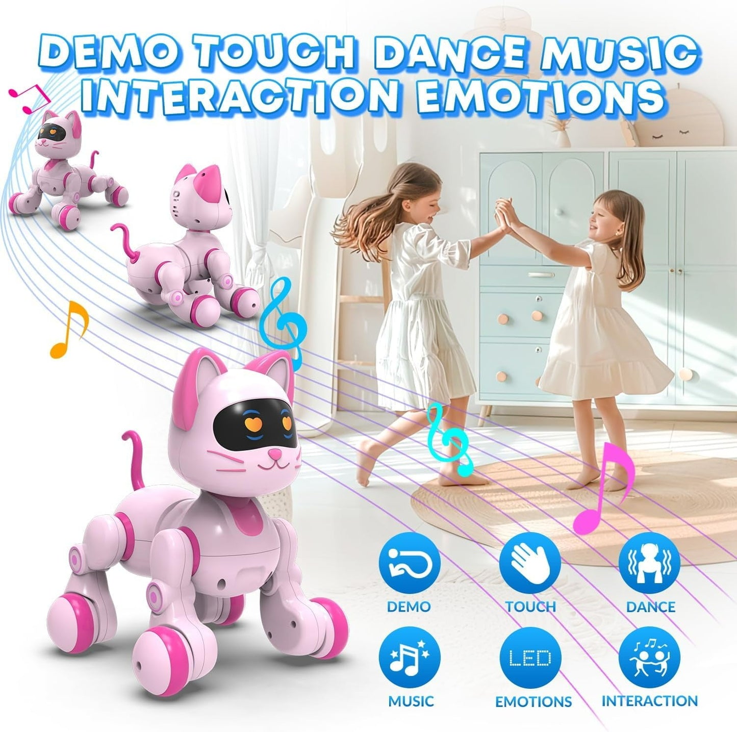 Kivdit Remote Control Robot Cat, Interactive Robot Toys for Kids,Programmable RC Robot with Touch Sensing, LED Eyes, Dance & Music