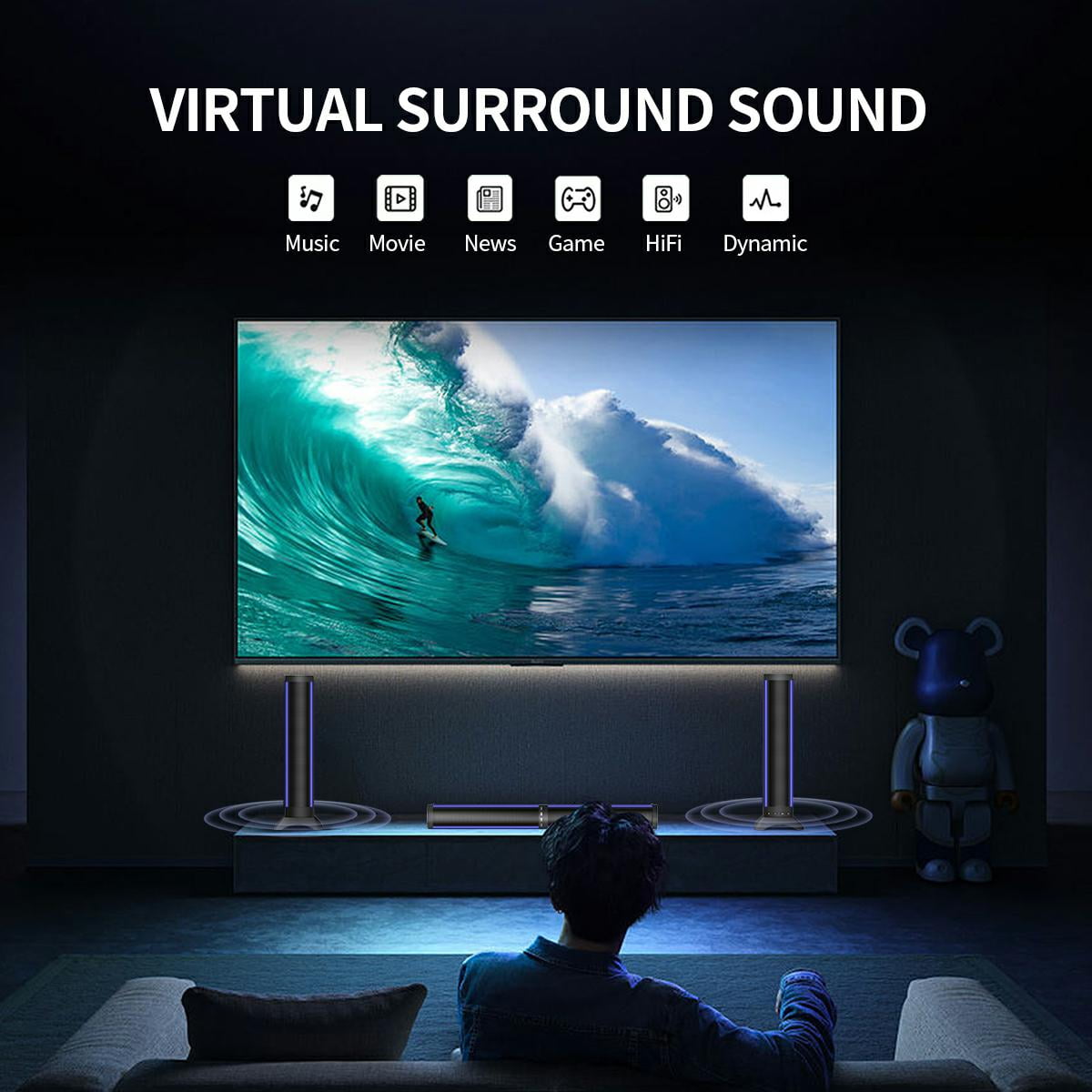 Kivdit Sound Bars for Smart TV,3D Surround Bluetooth Detachable Soundbar Built-in 4 Speakers for Home Theater,Black