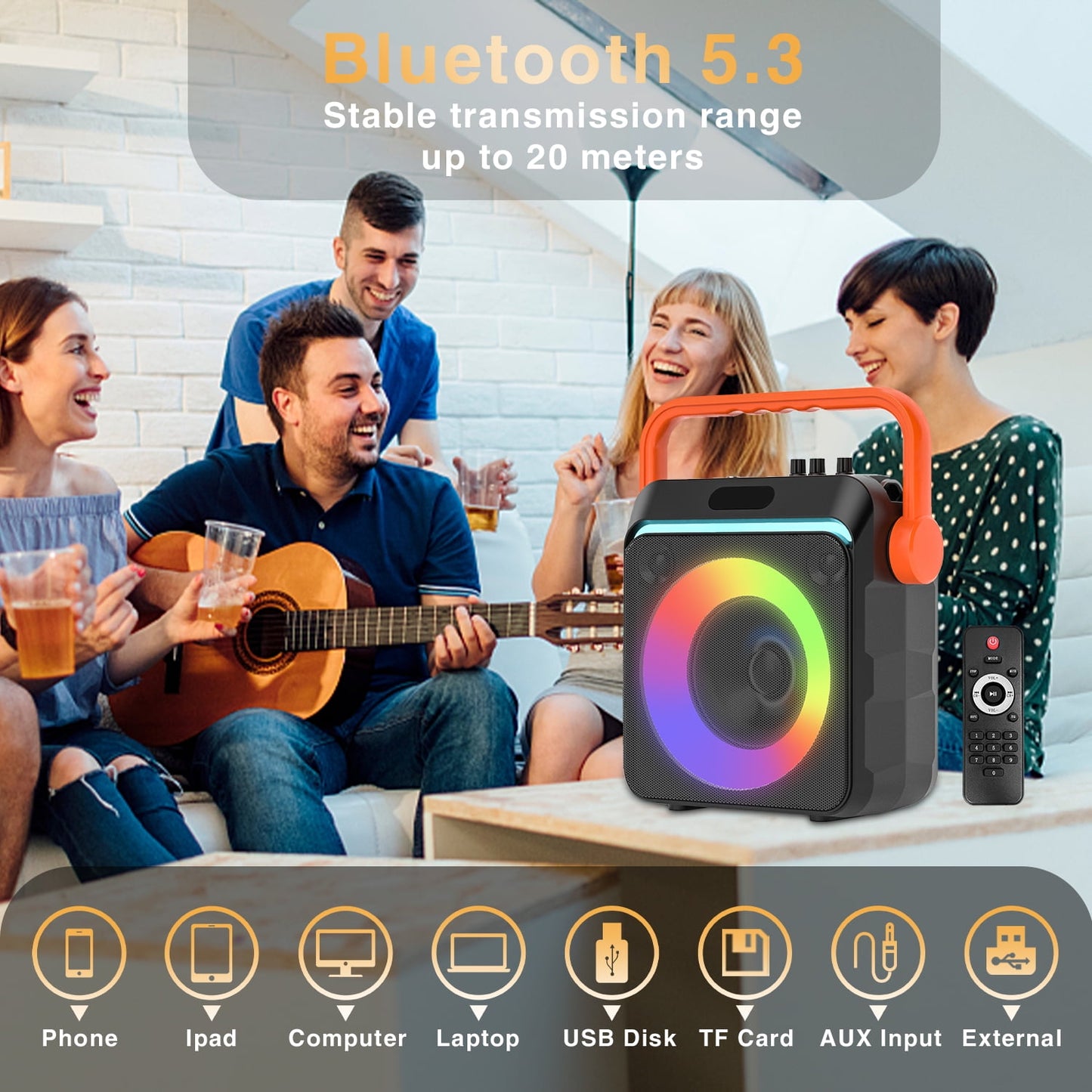 Kivdit Karaoke Machine with 2 Wireless Microphones,Portable Bluetooth Speaker for Adults & Kids,PA System with Strobe Lights,Supports TWS/USB/FM/AUX in/TF Card