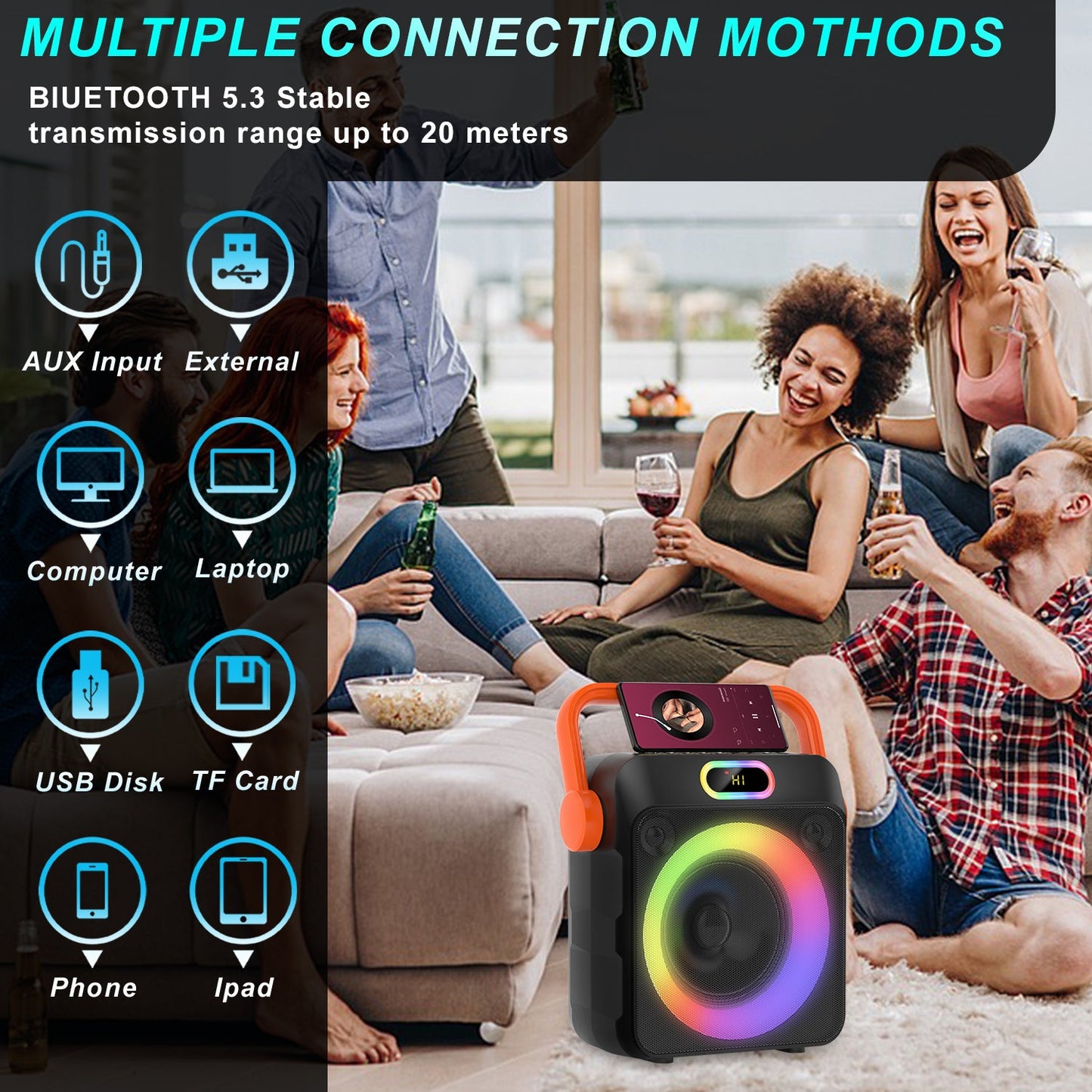 Kivdit Karaoke Machine for Adults & Kids,Portable Bluetooth Speaker with 2 Wireless Microphones,PA System with Colorful Strobe Lights,Supports TWS