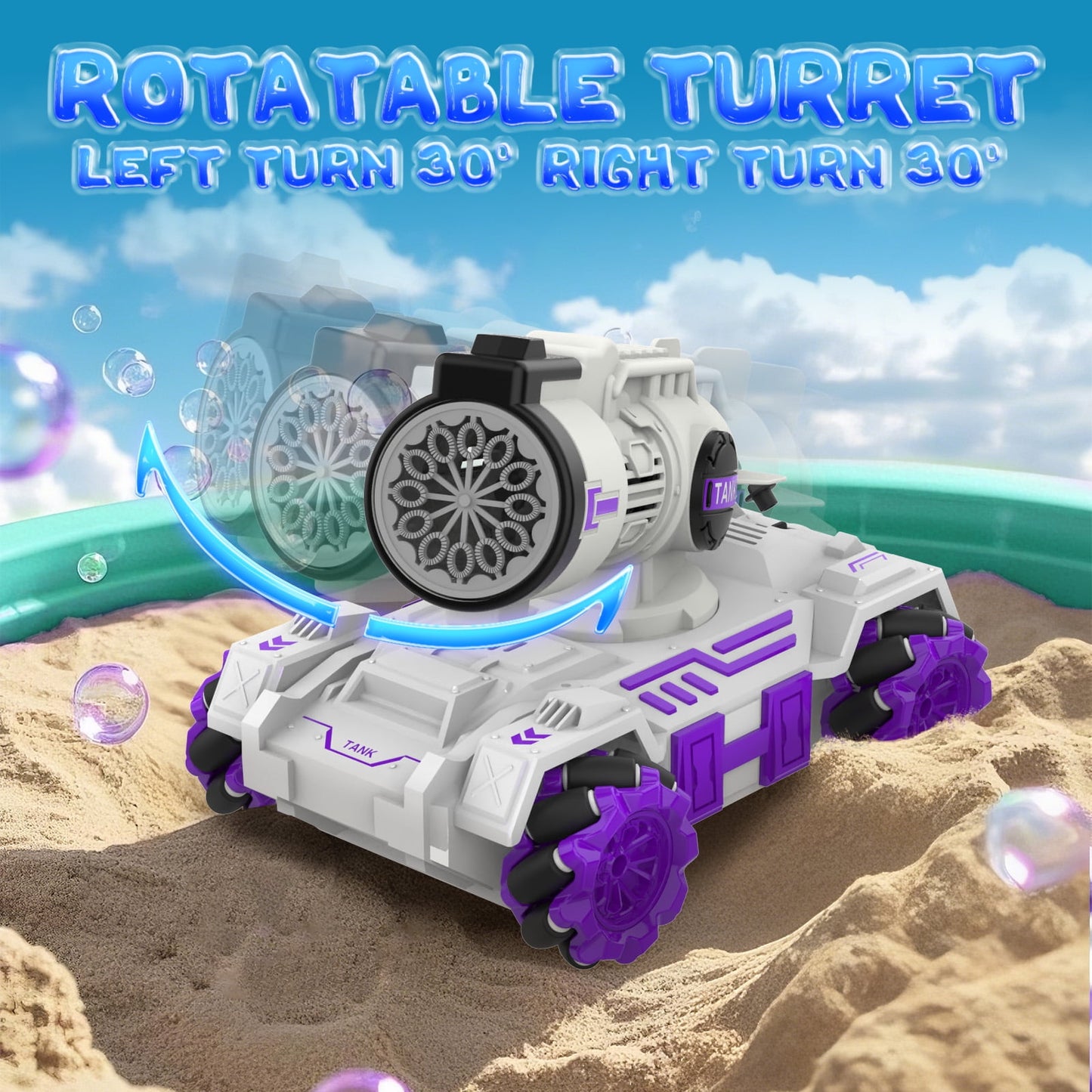 Kivdit Remote Control Car with Rotatable Turret,2.4Ghz RC Tank Car with Spray,Light,Music,Bubble,Toy Gift for Boys Girls