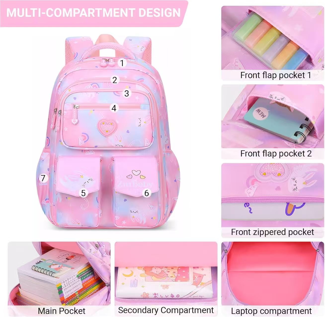 Kivdit School Backpack for Girls,Large Capacity School Bag,Waterproof Bookbag for Kids Teens,Pink
