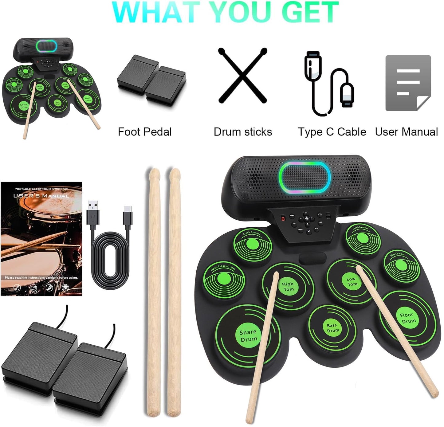 Kivdit Electric Drum Set for Kids Adults,Roll-up 9 Pads Electronic Drum Kit,Dual Built-in Stereo Speakers with Bluetooth & LED Light