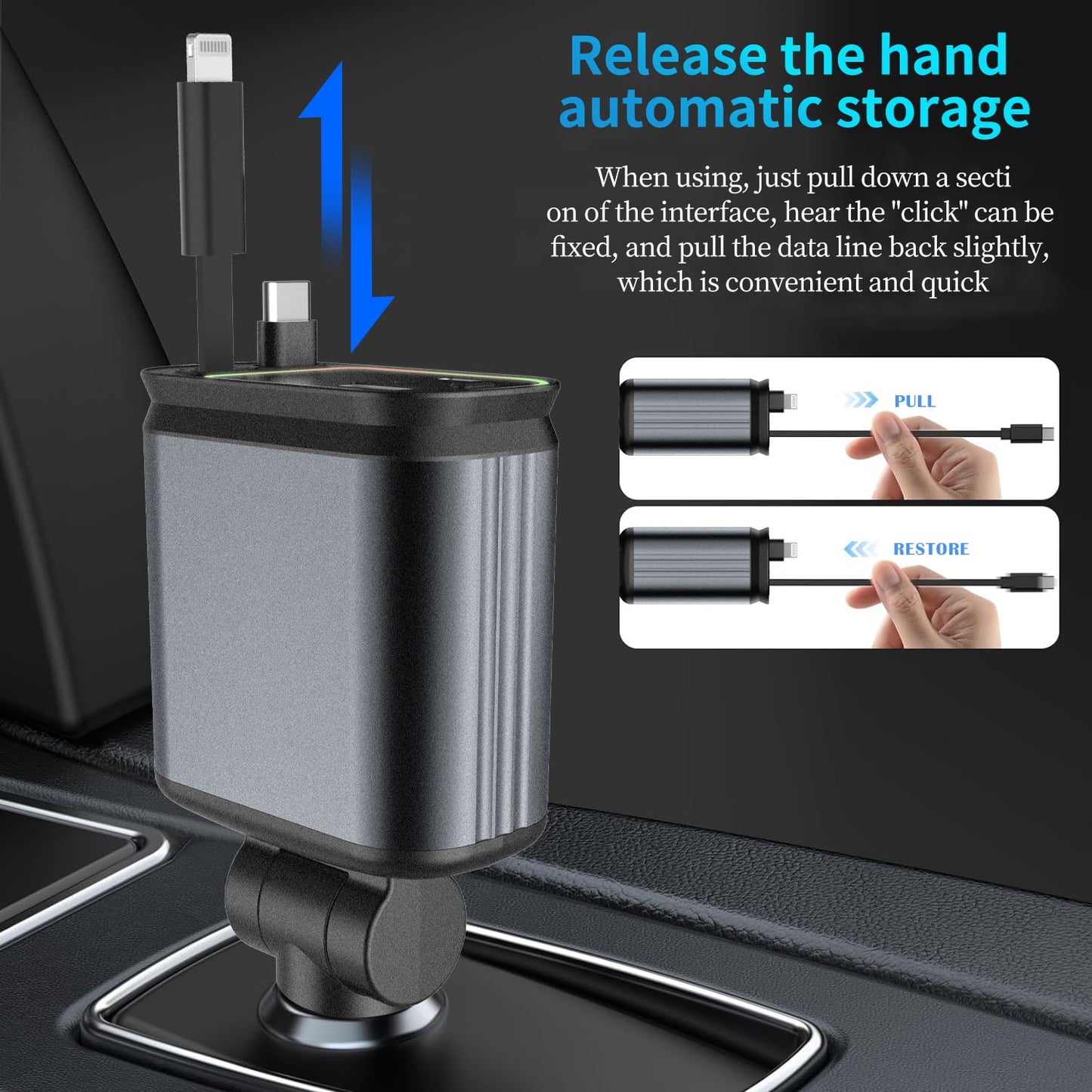Kivdit Retractable Car Charger,66W Fast Charging Car Charger Adapter,180° Adjustable 4 in 1 Car Phone Charger with Type-C/Lightning Cable