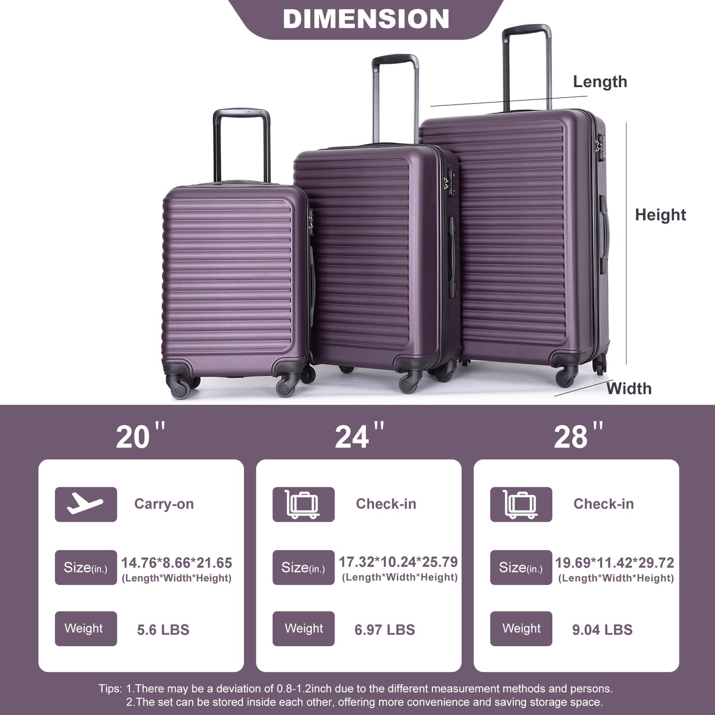 KIVDIT 3 Piece Luggage Sets Hardshell Suitcase with TSA Lock Spinner Wheels, 20in24in28in