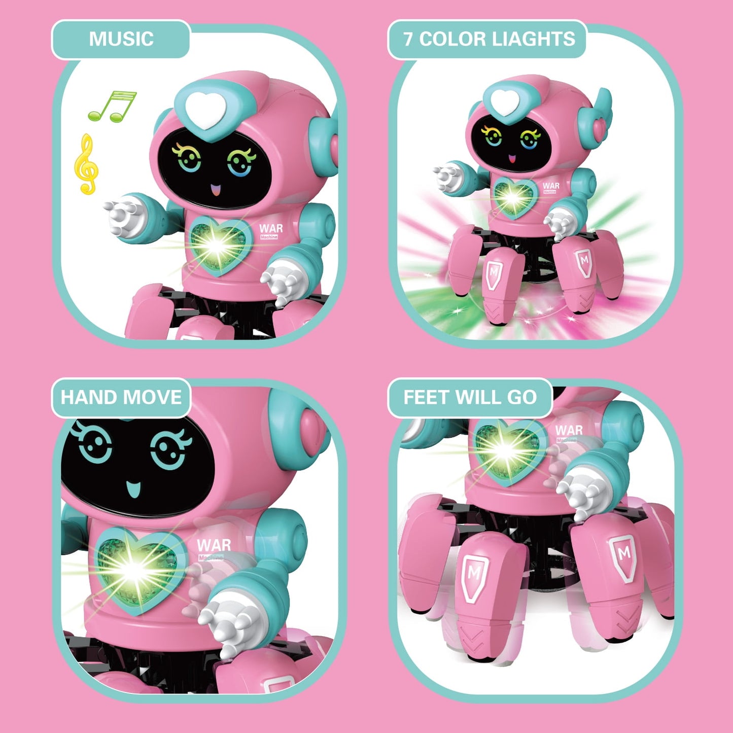 Kivdit Electronic Robot Toy for Kids,Walking Dancing Robot Toys with Flashing Lights and Music,Pink