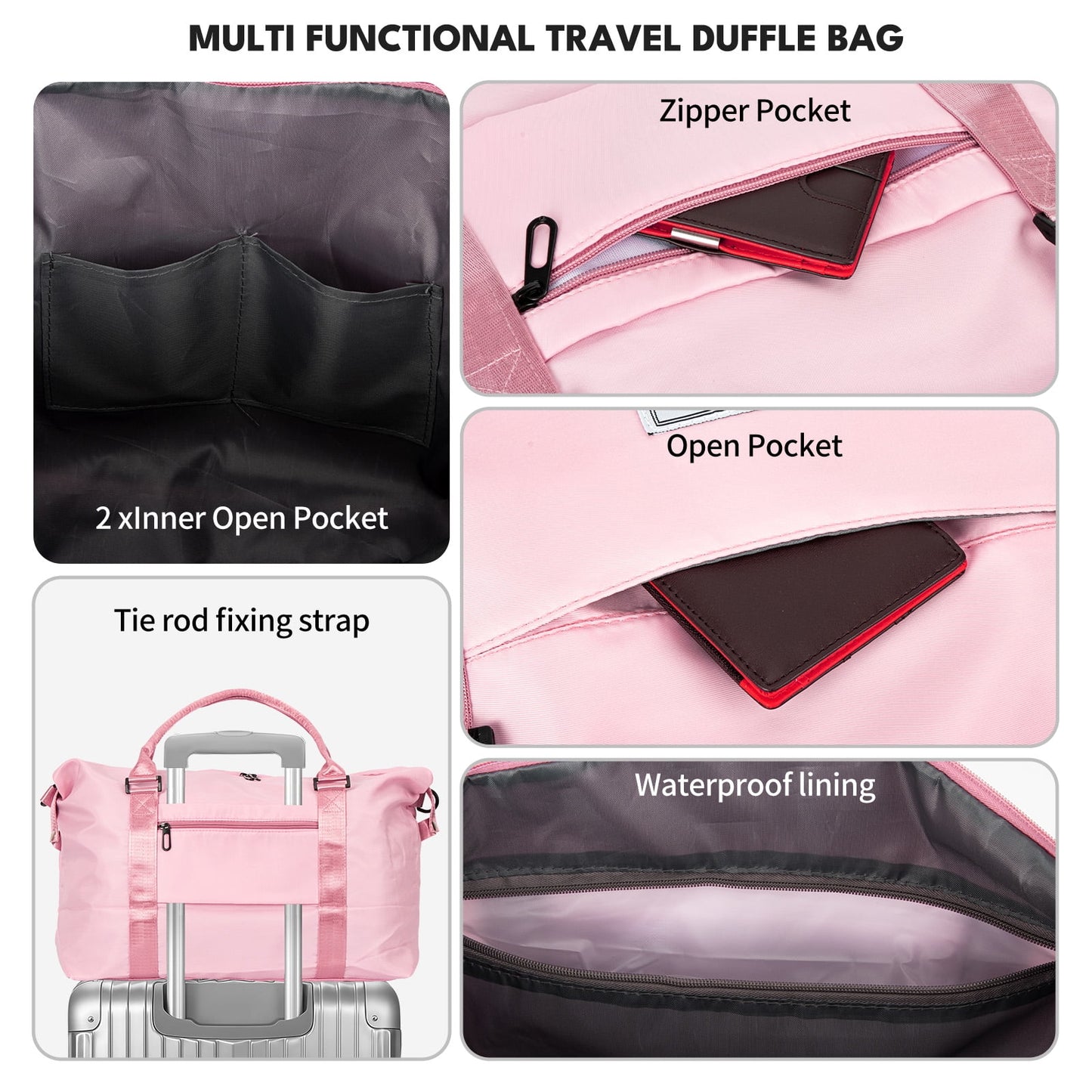Kivdit Travel Duffle Bag,50L Foldable Gym Bag Weekender Bags for Women and Men,Waterproof & Tear Resistant Carry on Overnight Bag with Wet Dry Pocket,Pink