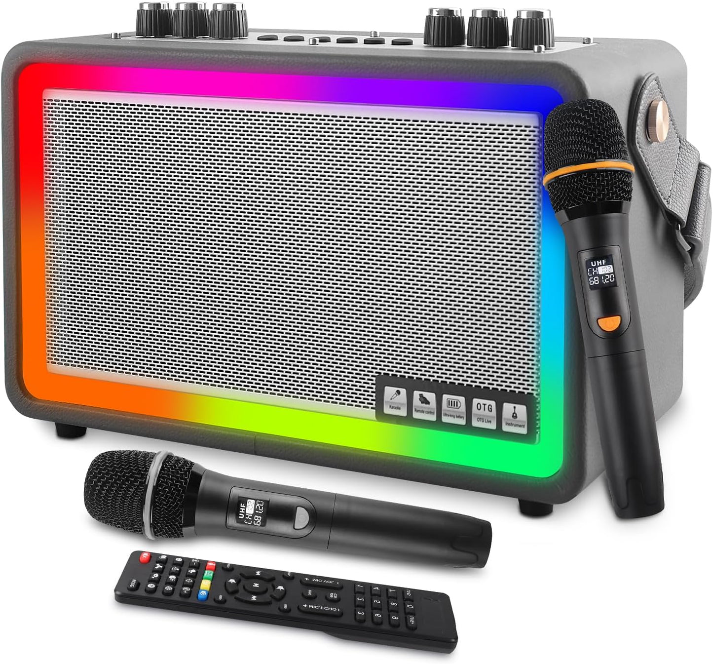 Kivdit Karaoke Machine for Adults and Kids,Portable Bluetooth 5.3 Speaker with 2 Wireless Microphones,Rechargeable PA System with Colorful LED Lights