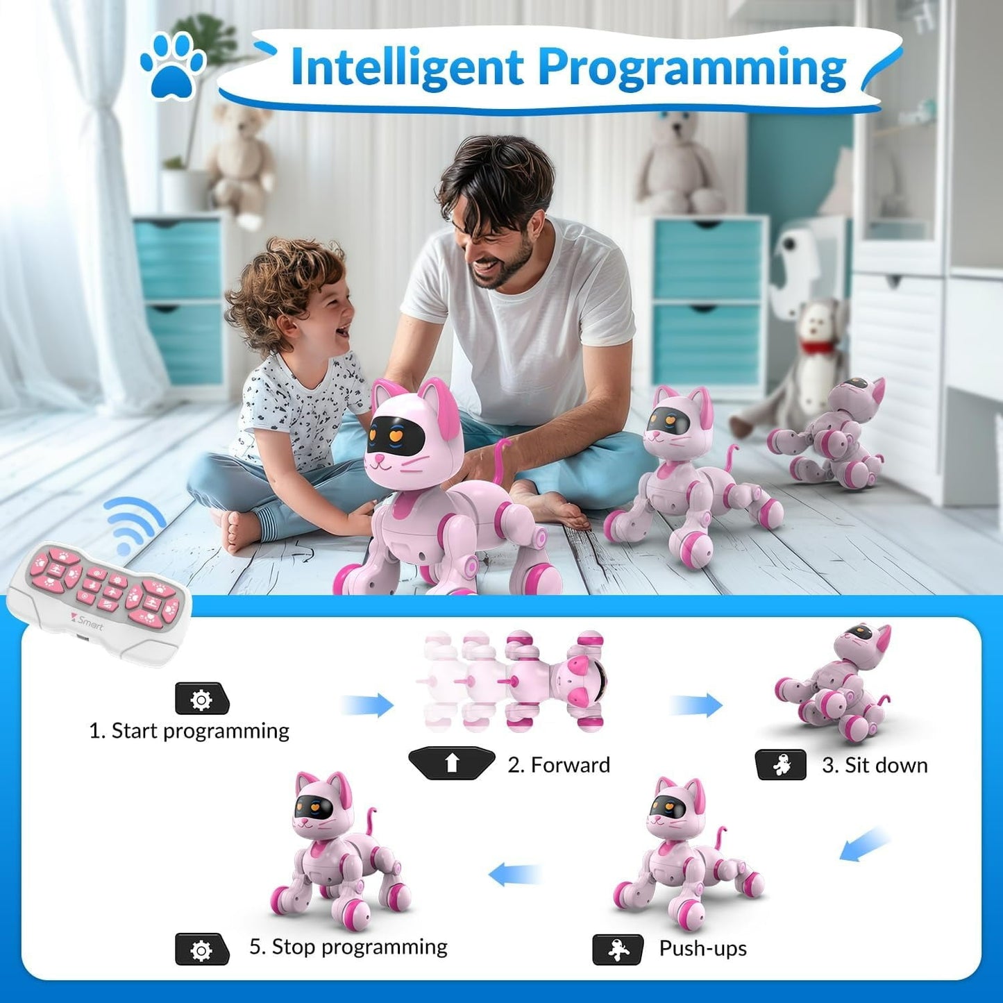 Kivdit Remote Control Robot Cat, Interactive Robot Toys for Kids,Programmable RC Robot with Touch Sensing, LED Eyes, Dance & Music