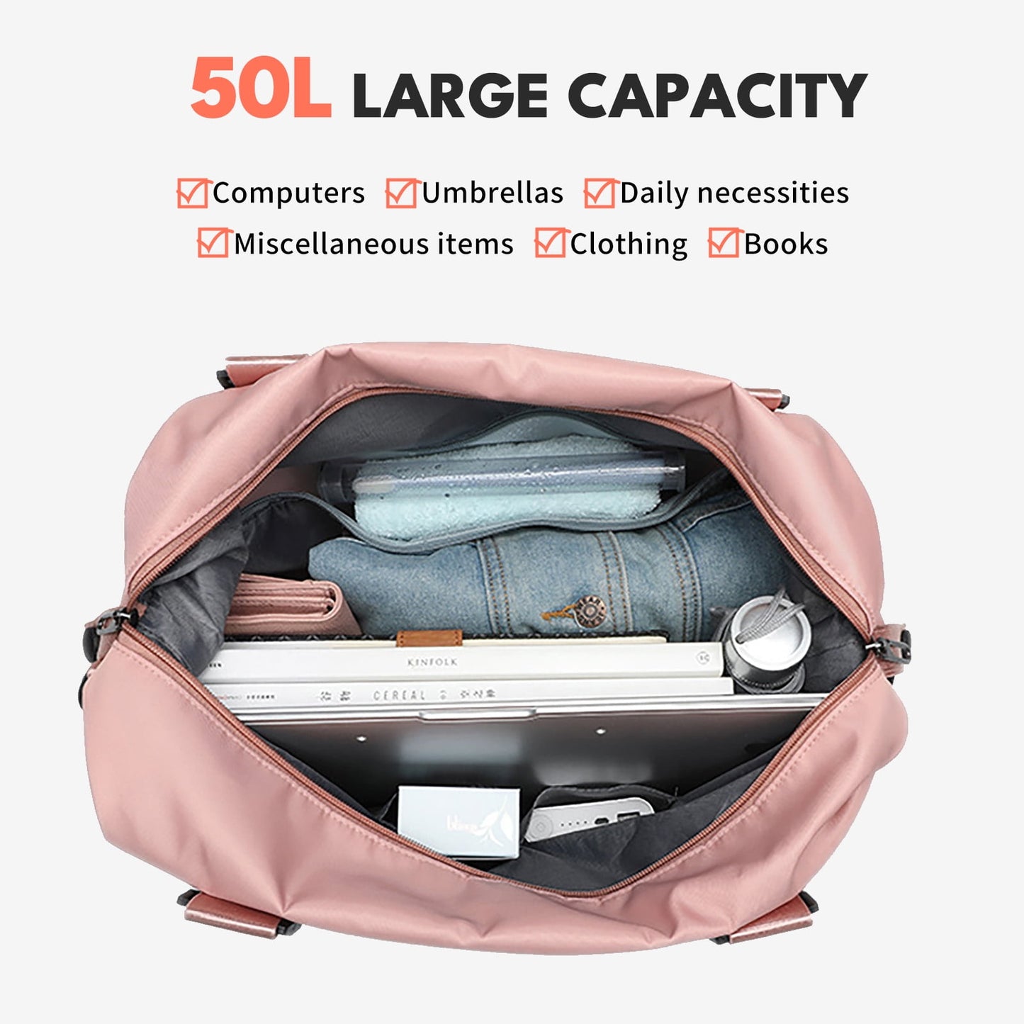 Kivdit Travel Duffle Bag,50L Foldable Gym Bag Weekender Bags for Women and Men,Waterproof & Tear Resistant Carry on Overnight Bag with Wet Dry Pocket,Pink