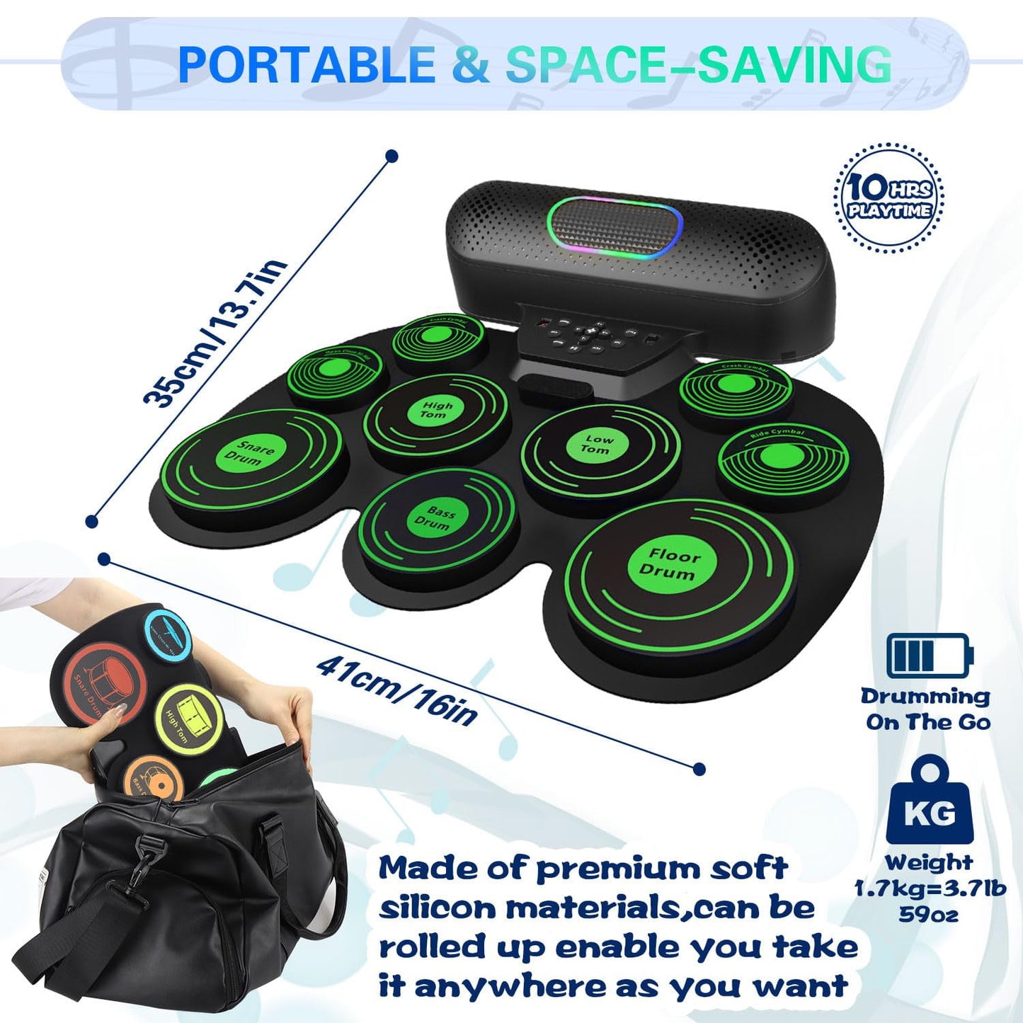 Kivdit Electric Drum Set for Kids Adults,Roll-up 9 Pads Electronic Drum Kit,Dual Built-in Stereo Speakers with Bluetooth & LED Light