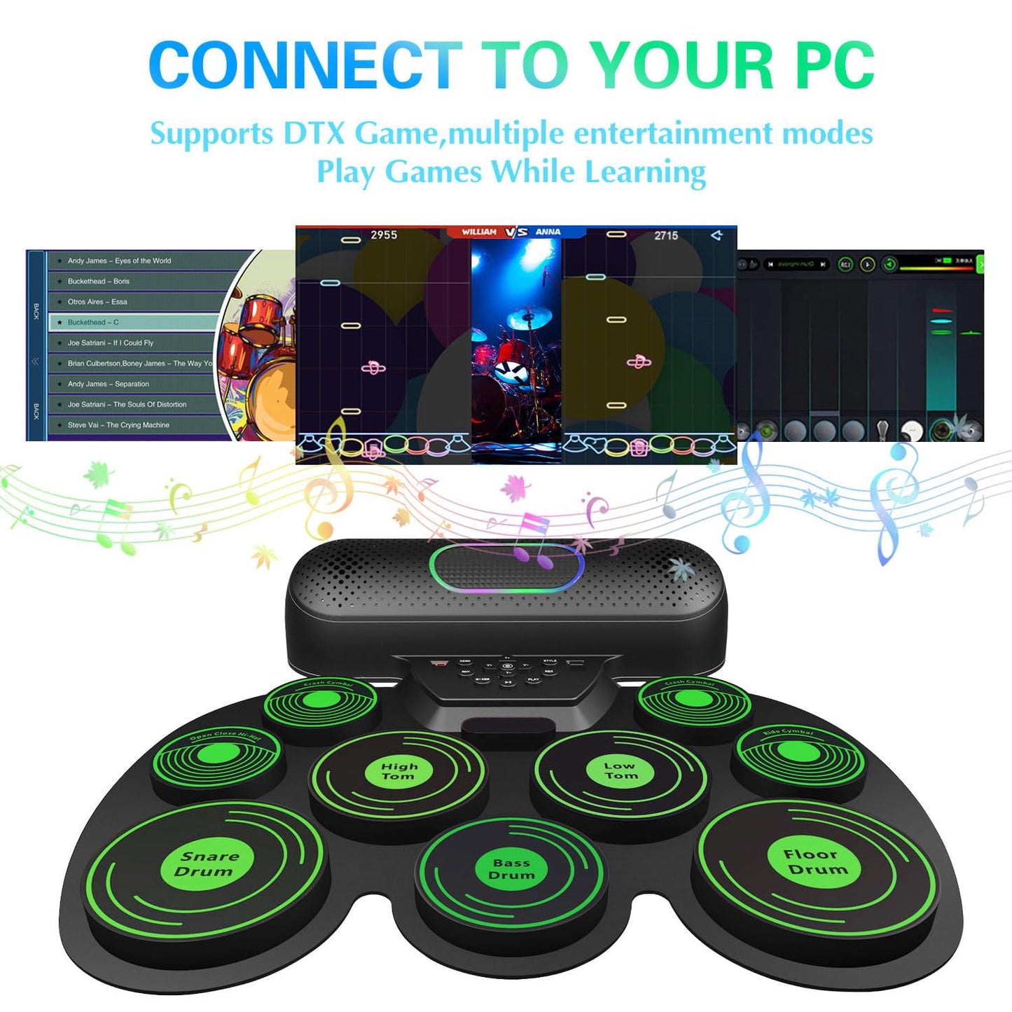 Kivdit Electric Drum Set for Kids Adults,Roll-up 9 Pads Electronic Drum Kit,Dual Built-in Stereo Speakers with Bluetooth & LED Light