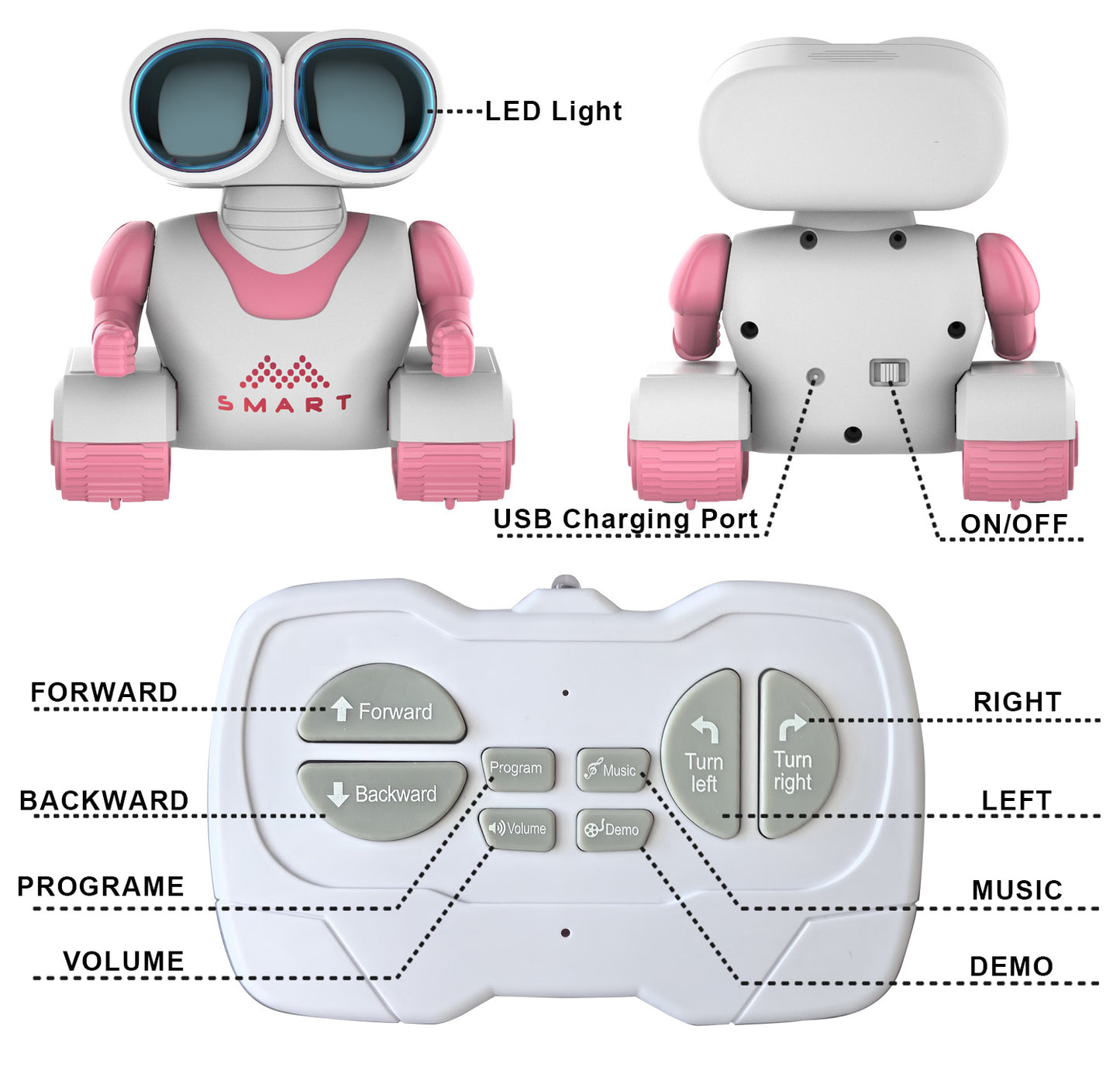 Kivdit RC Robot Toys for Kids,Rechargeable Programmable Smart Remote Control Robot with LED Eyes and Switchable Music,Pink
