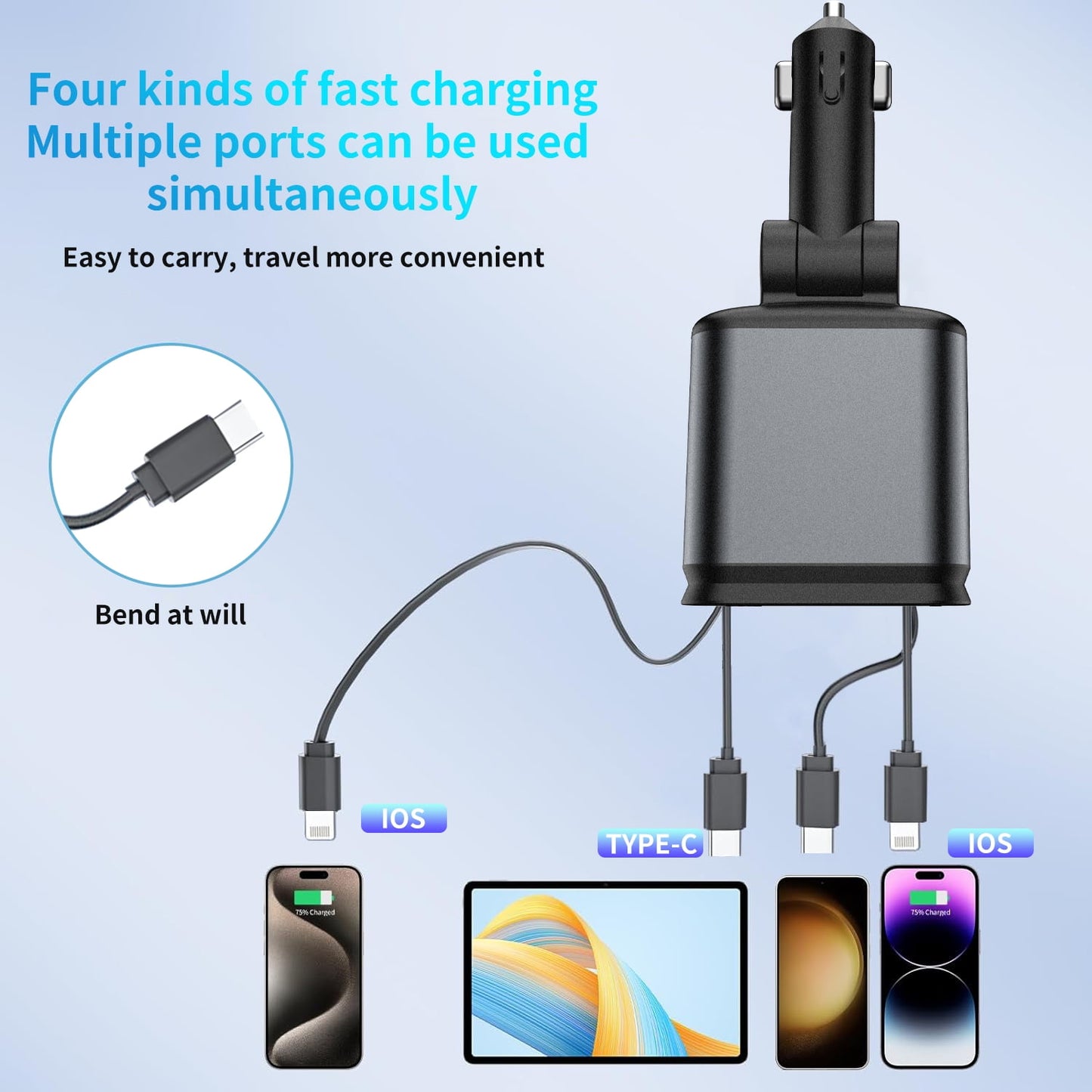 Kivdit Retractable Car Charger,66W Fast Charging Car Charger Adapter,180° Adjustable 4 in 1 Car Phone Charger with Type-C/Lightning Cable