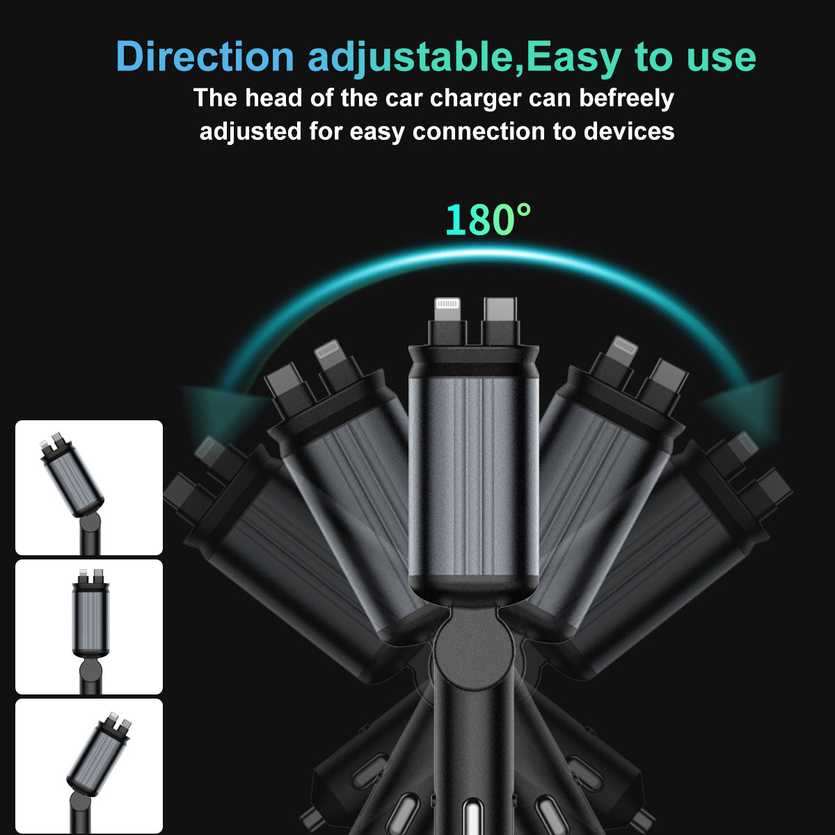 Kivdit Retractable Car Charger,66W Fast Charging Car Charger Adapter,180° Adjustable 4 in 1 Car Phone Charger with Type-C/Lightning Cable