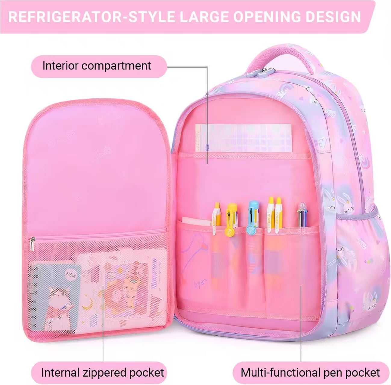 Kivdit School Backpack for Girls,Large Capacity School Bag,Waterproof Bookbag for Kids Teens,Pink