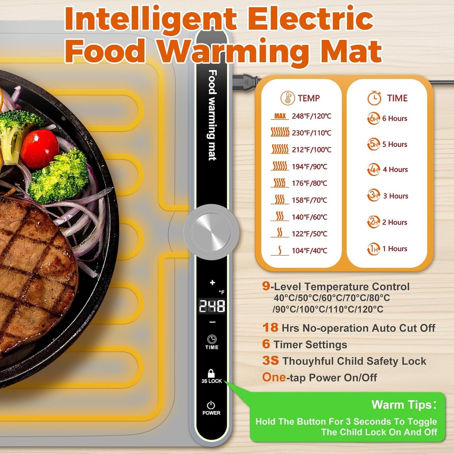Kivdit Food Warming Mat,Portable Silicone Electric Warming Tray with 9 Level Temperature,6 Timer Settings,Rollable Food Warmer Pad for Home Parties Buffets,Gray
