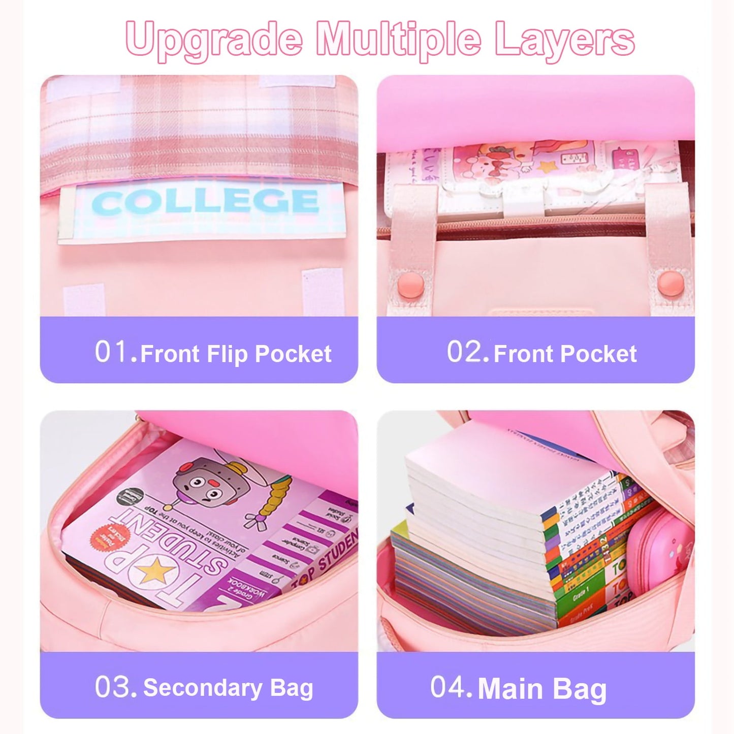 KIVDIT School Backpack for Girls,Fashion Large Capacity Bookbag for Kids Teens,Waterproof Girls School Bag,Pink