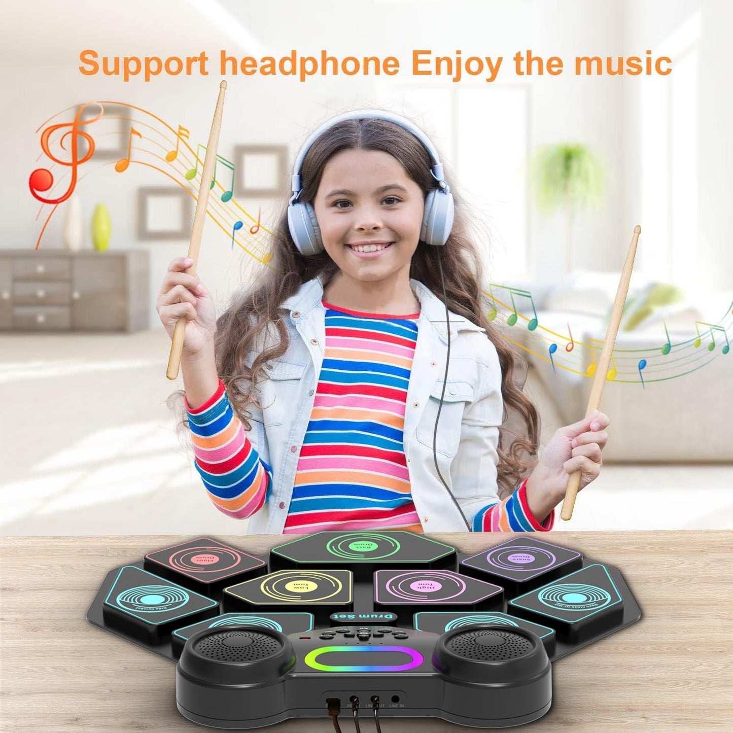 Kivdit Electronic Drum Set for Kids Adults,9 Pads Roll-up Drum Kit for Beginners with Dual Speakers,Headset Jack,Drumsticks,Foot Pedals