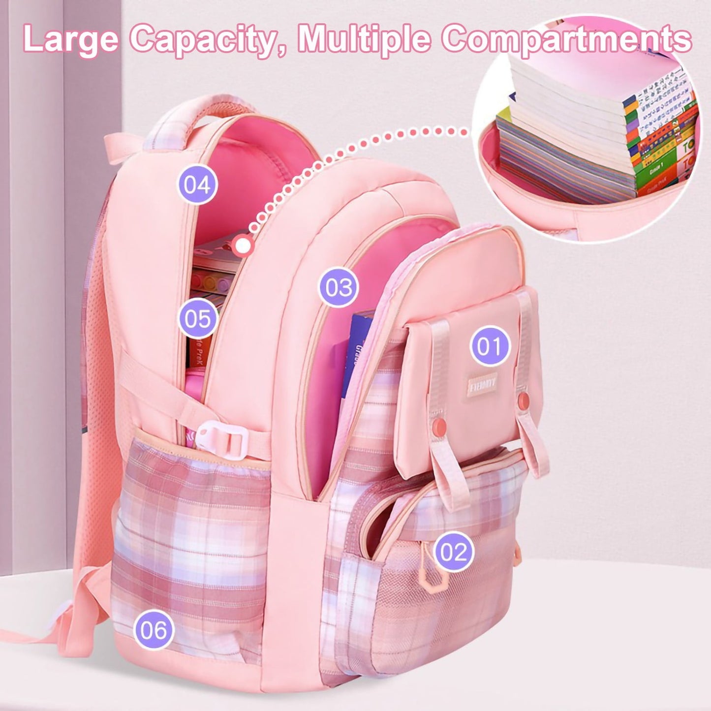 KIVDIT School Backpack for Girls,Fashion Large Capacity Bookbag for Kids Teens,Waterproof Girls School Bag,Pink