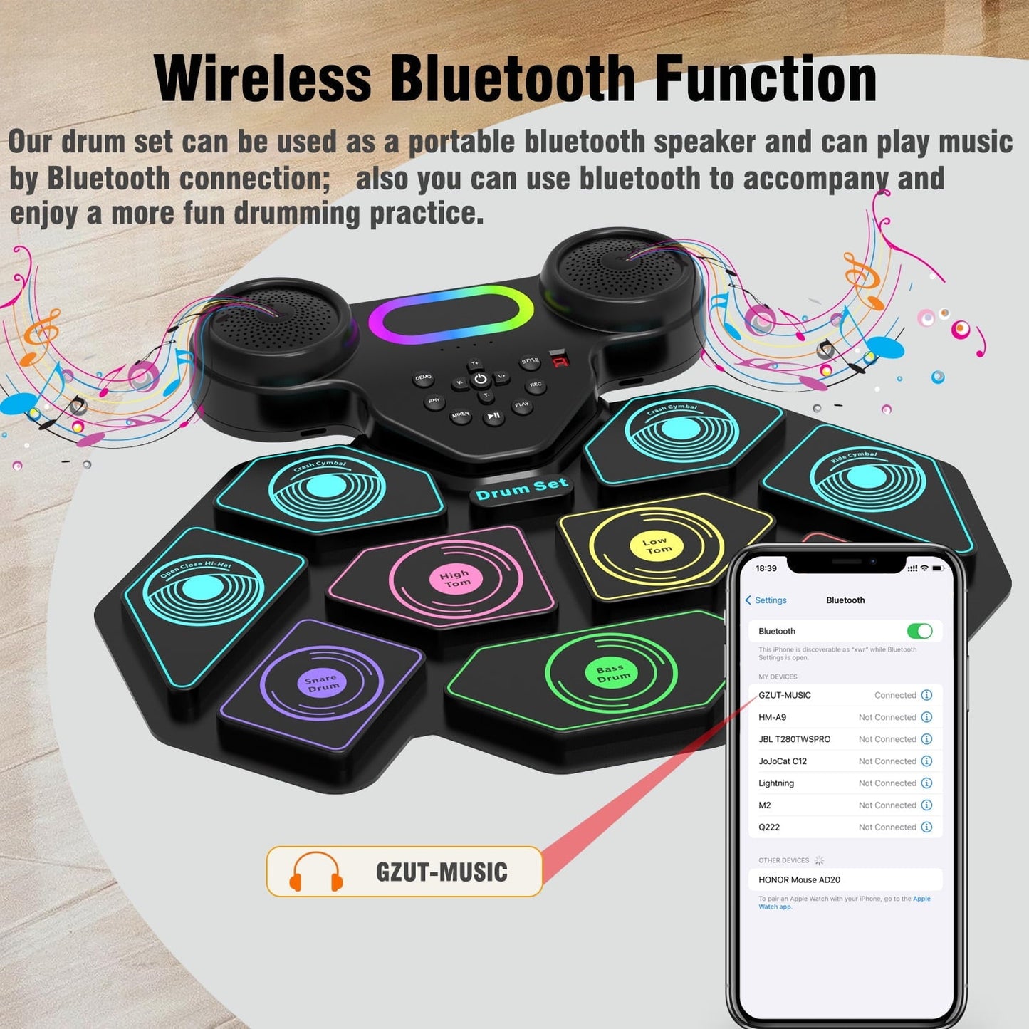 Kivdit Electronic Drum Set for Kids Adults,9 Pads Roll-up Drum Kit for Beginners with Dual Speakers,Headset Jack,Drumsticks,Foot Pedals