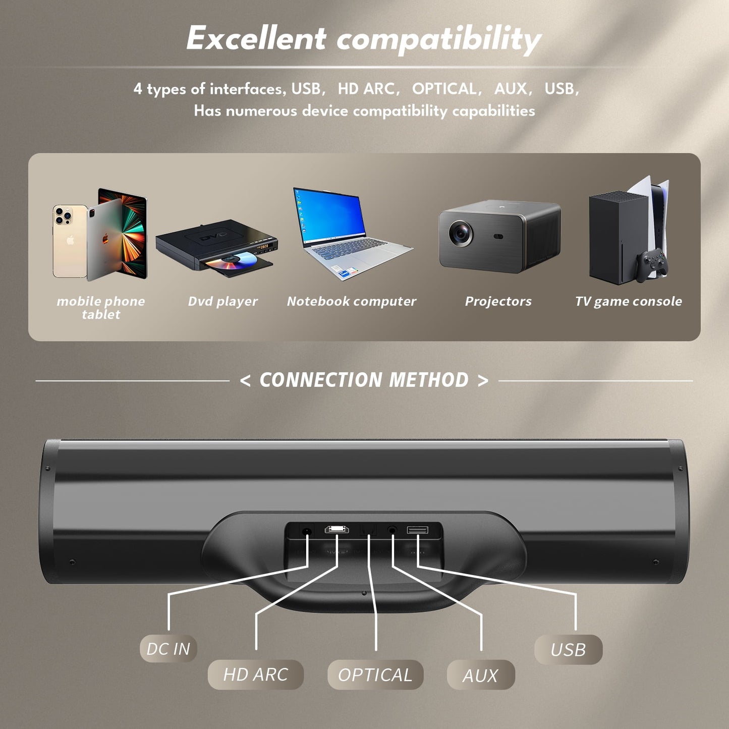 Kivdit Sound Bars for Smart TV,3D Surround Bluetooth Detachable Soundbar Built-in 4 Speakers for Home Theater,Black