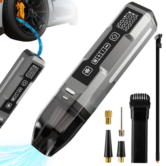 Car Vacuum, 12000Pa 2-in-1 Cleaner & Tire Inflator 150PSI, 80W Brushless Motor, Cordless Handheld Vacuum & Air Pump with Pressure Gauge, LED Light, Multi-Nozzles for Car, Home, Office