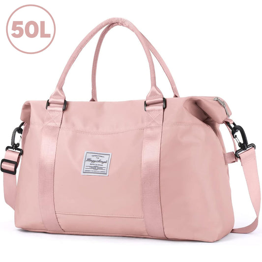 Kivdit Travel Duffle Bag,50L Foldable Gym Bag Weekender Bags for Women and Men,Waterproof & Tear Resistant Carry on Overnight Bag with Wet Dry Pocket,Pink