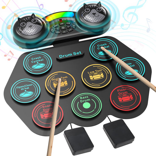 Kivdit Electric Drum Set for Kids Adults,Roll-up 9 Pads Electronic Drum Kit,Dual Built-in Stereo Speakers with Bluetooth & LED Light