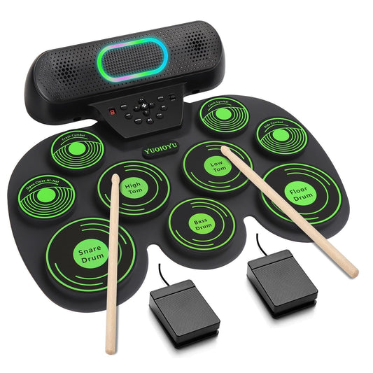 Kivdit Electric Drum Set for Kids Adults,Roll-up 9 Pads Electronic Drum Kit,Dual Built-in Stereo Speakers with Bluetooth & LED Light