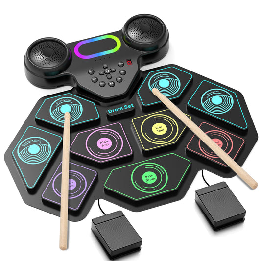 Kivdit Electronic Drum Set for Kids Adults,9 Pads Roll-up Drum Kit for Beginners with Dual Speakers,Headset Jack,Drumsticks,Foot Pedals