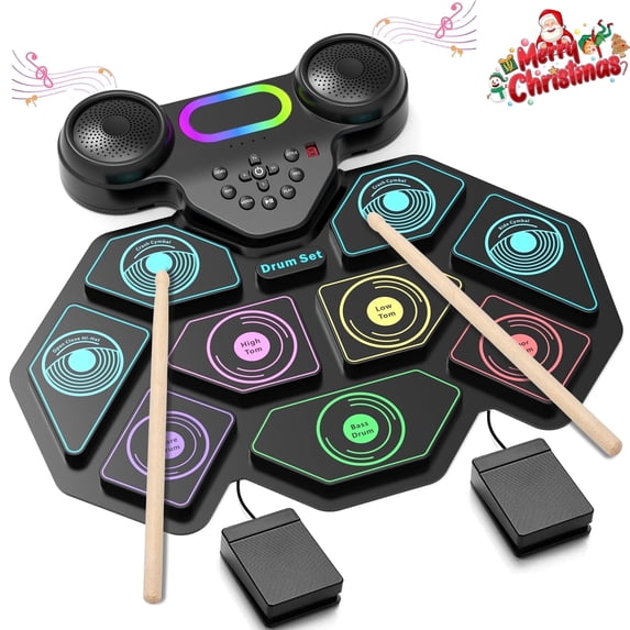 Kivdit Electronic Drum Set for Kids Adults,9 Pads Roll-up Drum Kit for Beginners with Dual Speakers,Headset Jack,Drumsticks,Foot Pedals