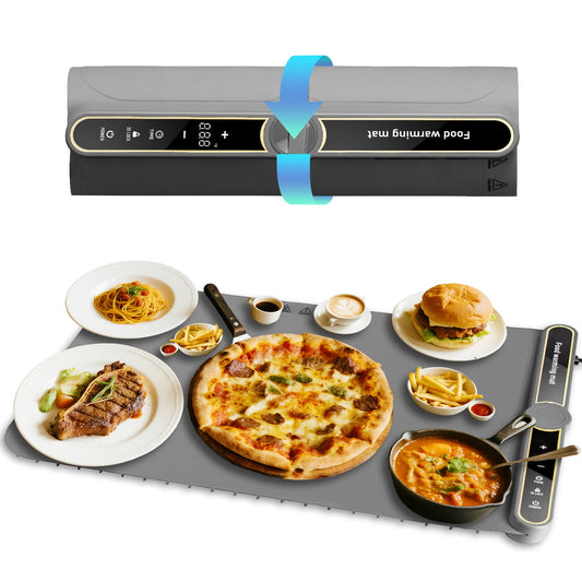 Kivdit Food Warming Mat,Portable Silicone Electric Warming Tray with 9 Level Temperature,6 Timer Settings,Rollable Food Warmer Pad for Home Parties Buffets,Gray