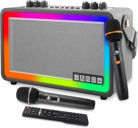 Kivdit Karaoke Machine for Adults and Kids,Portable Bluetooth 5.3 Speaker with 2 Wireless Microphones,Rechargeable PA System with Colorful LED Lights