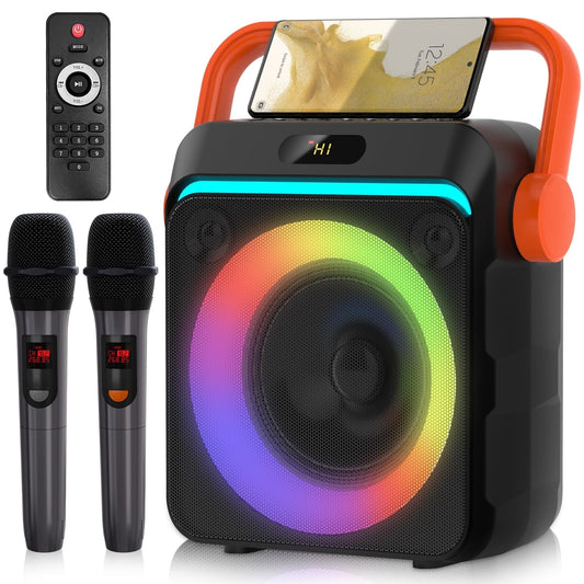 Kivdit Karaoke Machine with 2 Wireless Microphones,Portable Bluetooth Speaker for Adults & Kids,PA System with Strobe Lights,Supports TWS/USB/FM/AUX in/TF Card